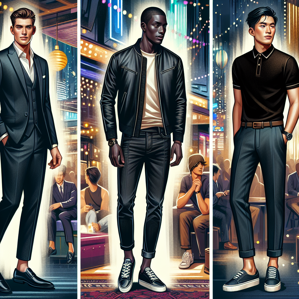 What to Wear to a Night Club Men: Effortless Guide An image presenting a fashion guide for men preparing for a night out at the club. On the left-hand side, show a Caucasian male fitted in a sleek dark-colored suit, white shirt, and black leather shoes, presenting a sophisticated look. In the middle, depict a Black male in a stylish casual outfit, matching a black leather jacket with fitted jeans and white sneakers, personifying an edgy vibe. On the right-hand side, portray an Asian male wearing a fashionable dark-colored polo shirt, chinos and loafers, showing a smart-casual appearance. Set a vibrant, lively background setting indicative of a bustling nightclub environment.