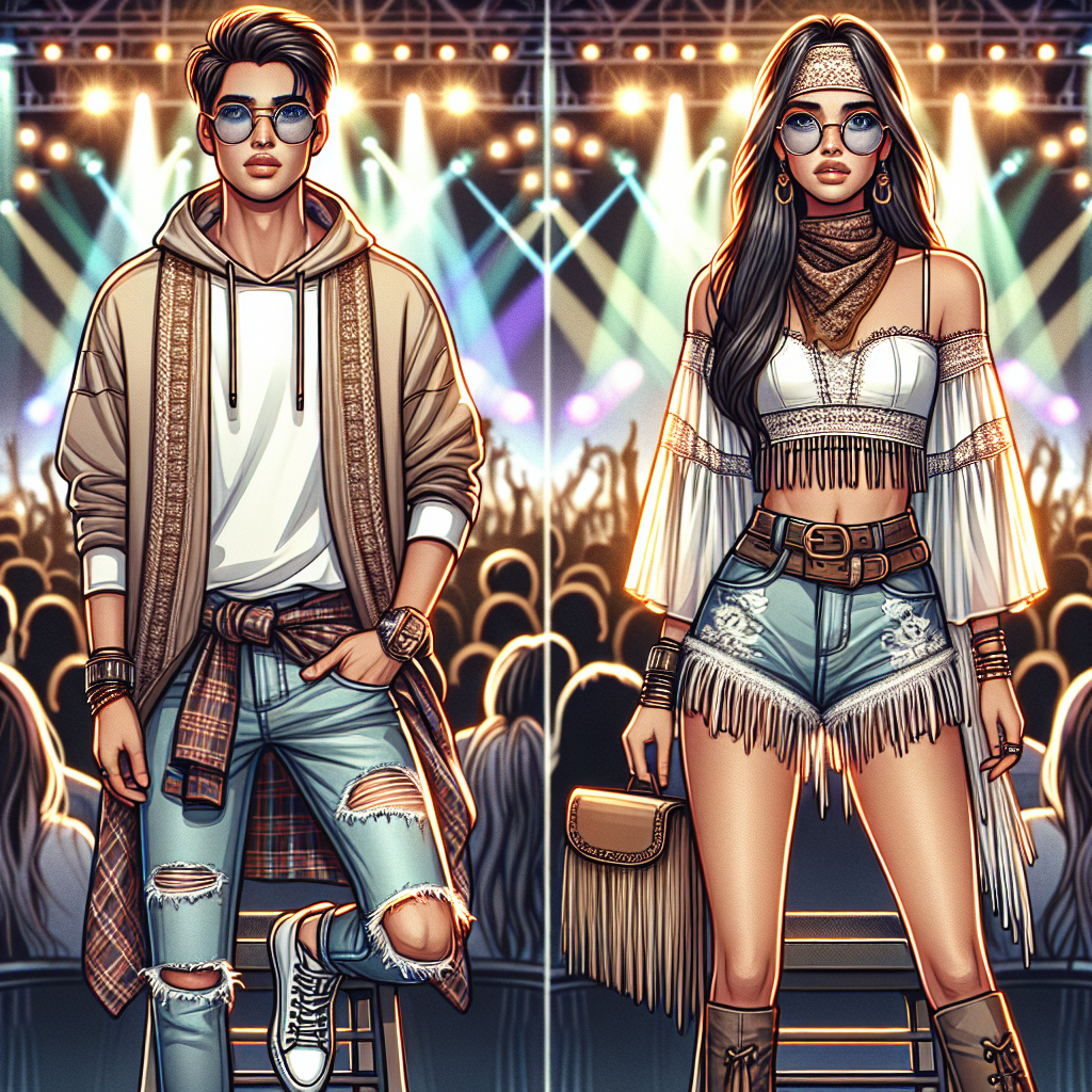 Create an image of an ensemble perfect for a concert. The setting is evening in an indoor music venue filled with multicolored lights. There is a young, stylish audience dressed in trendy fashion for the concert-like setting. Depict a Caucasian male in a streetwear inspired outfit with layered clothing, ripped jeans, and a pair of edgy sneakers. Also, illustrate a Hispanic woman, donned in a chic boho outfit, including a fringed crop top, high-waisted distressed shorts and ankle boots. Both are wearing accessories like funky scarves, trendy hats and stylish sunglasses, all contributing to the lively, musical atmosphere.