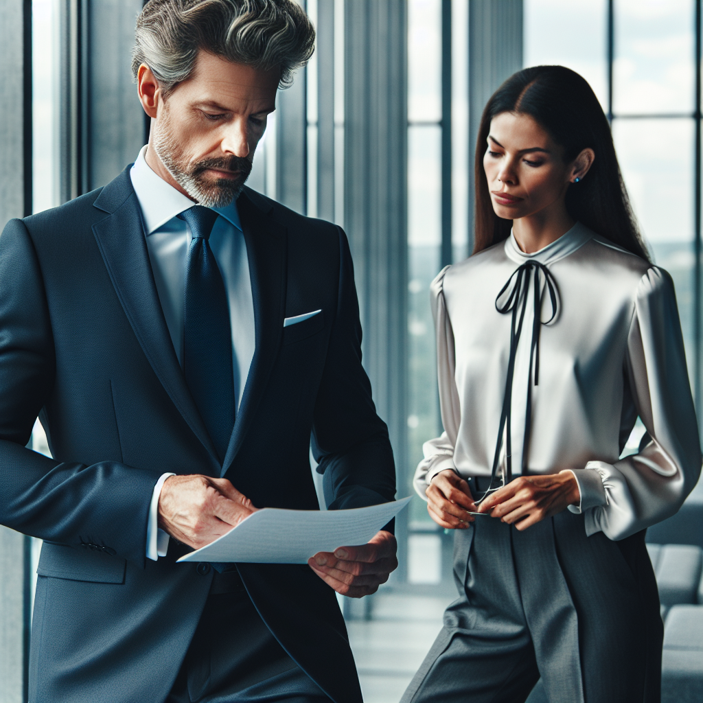 What to Wear to a BAE Interview: Effortless Guide Visualize a middle-aged Caucasian man in a professional business outfit preparing for an interview. He's wearing a crisp navy blue suit, paired with a light blue dress shirt and a contrasting tie. There's also a Black female in her early 30s, dressed in a charcoal grey pantsuit matched with a white silk blouse and bold accessories. They're both carefully reviewing documents, symbolizing preparation for an important interview. The background evokes a corporate office setting with glass windows, designating a professional environment. The overall atmosphere should be serene and focused.