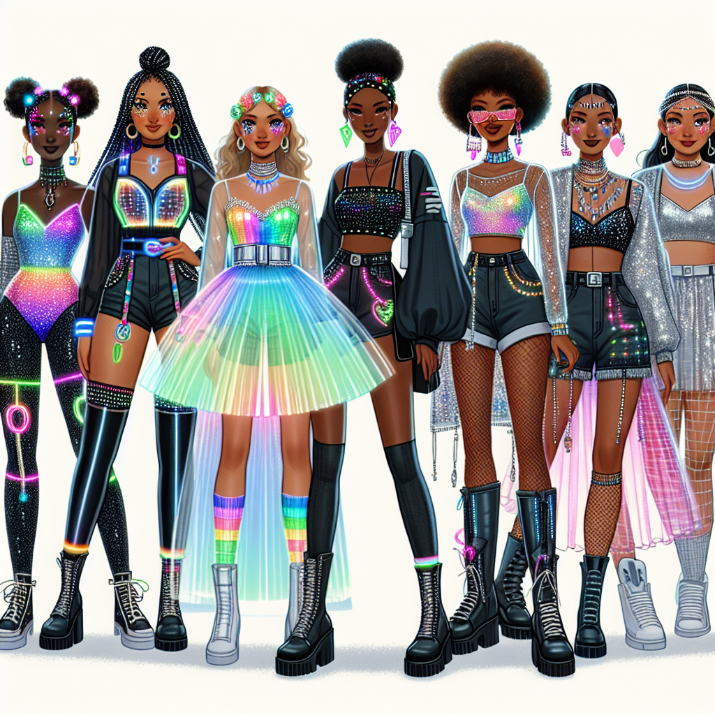 Imagine a collection of stunning EDM concert outfits designed for women of every shape, size, and ethnicity. On the left, a petite Hispanic woman shines in a holographic bodysuit paired with thigh-high boots. In the center, a taller Caucasian woman showcases a neon tulle skirt and black crop top, her look completed with chunky sneakers. On the right, a curvy Black woman rocks a sequin bralette with high-waisted shorts and fishnet tights. Elements like LED accessories, face gems, and colorful wigs add an extra pop to their outfits. This diversity embodies the spirit of EDM, fostering inclusivity and free expression.