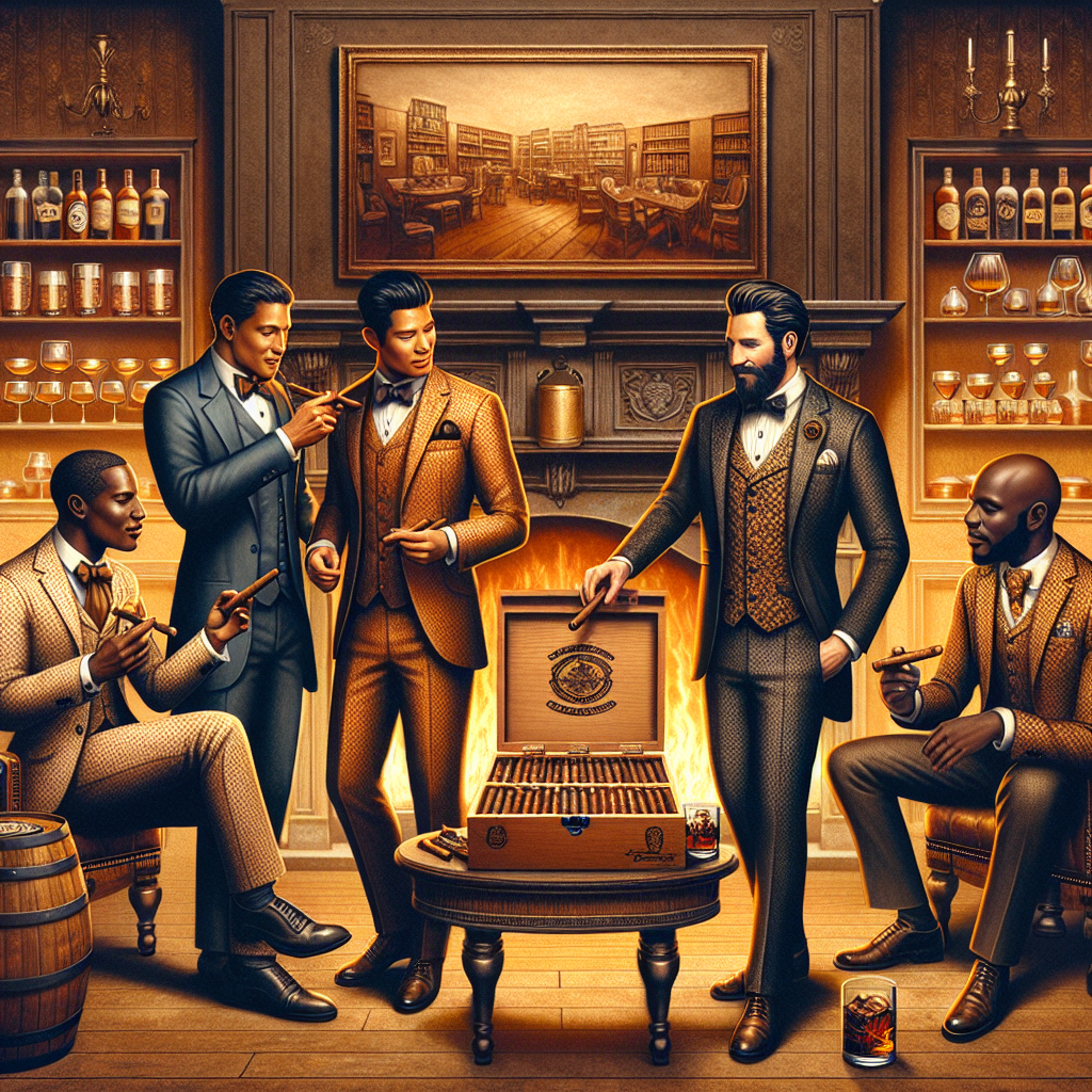 Craft an illustration of a pseudo-Victorian era gentlemen's gathering inside a lavish cigar bar. Each gentleman should have culturally diverse origins such South Asian, Middle-Eastern, Hispanic, and Black. A grand fireplace is in the background, casting a warm, golden glow on the scene, highlighting their classy attire - three-piece suits with patterned waistcoats, bow ties, and polished leather shoes. One figure should be helping another choose a cigar from a richly detailed humidor box, while the third is gauging the aroma of a cigar. Sprinkle the scene with whiskey glasses, a decanter, and hints of plush leather furniture.