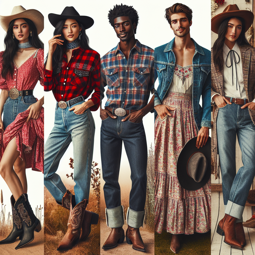 Imagine a beautiful array of Western party outfits, each exuding effortless style. The first, on a brunette Caucasian woman, reveals a bright red flannel shirt with studded detailing, paired perfectly with faded, high-waisted denim and cowboy boots. Next to her, a black man sports a richly colored plaid shirt, dark rinse denim, a cowboy hat, and tan leather boots. Further on, a Middle-Eastern woman mesmerizes in a floral prairie dress while a white man tries on a classic denim jacket over a simple white shirt. A Hispanic man next to them confidently holds a bolo tie, smiling in his immaculate black blazer and faded jeans. Lastly, contemplate a South Asian woman captivating everyone with her combination of Western and traditional style, featuring a denim kurta with embroidered details, perfectly teamed with a flowing skirt and cowgirl boots. Let these images inspire your Western party wear.