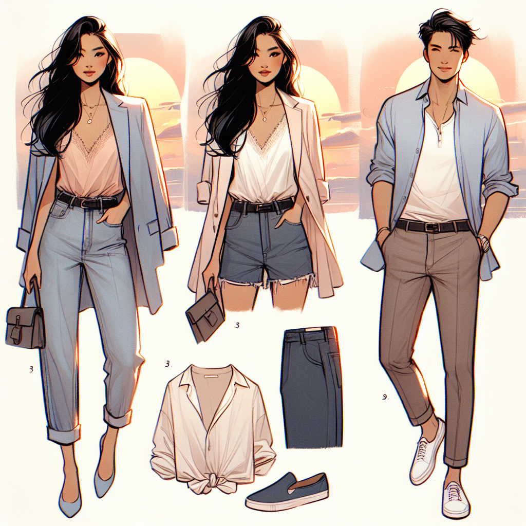 Stunning First Date Outfits: Casual & Captivating Imagine a collection of casual and captivating outfits perfect for a first date. On the left, visualize an Asian woman confidently sporting a stylish and comfortable outfit consisting of denim jeans, a soft pastel blazer, and matching flats. To her right, picture a Hispanic man, both relaxed and striking, wearing a light, unbuttoned shirt over a graphic tee, paired with dark chinos and clean white sneakers. Propel these scenes with the soft glow of a setting sun, symbolizing the brevity, yet potential promise, of a first date. These outfits not only provide a sense of their personality but also show the exciting potential of future encounters.