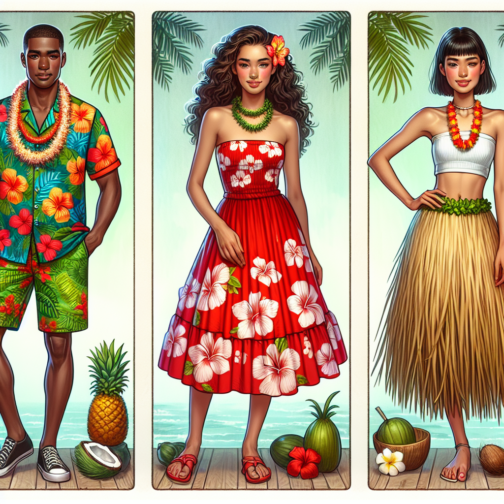 Create an image featuring three different examples of unique outfits perfect for a Hawaiian party. The first outfit should consist of a colorful and vibrant Hawaiian shirt adorned with tropical flowers, worn by a Black male with short hair. The second outfit should be a breezy red sundress with a white hibiscus flower pattern, worn by a Caucasian woman with long, curly hair. The third outfit should be a grass skirt paired with a white crop top, accessorized with a lei necklace, worn by a South Asian woman with a pixie cut. Include glimpses of tropical elements like coconuts, pineapples, and palm trees in the backdrop.