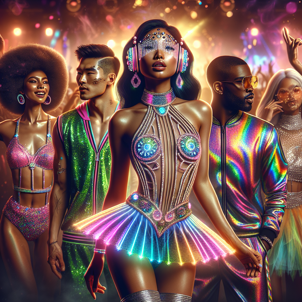 Rave Outfits: Stunning Styles for Exclusive Vibes Envision a vibrant rave scene where individuals of varied backgrounds bring life to the party. A Hispanic woman is captivating attention in her elaborate neon sequined halter top, complemented by a pair of matching holographic shorts. On the other side, an African-American man is fully decked out in a glow-in-the-dark tracksuit pulsating with rhythm. A South Asian woman stands out with her rainbow-colored tutu paired with a bedazzled bralette. Every attire radiates an air of uniqueness, embodying the true essence of rave culture in the coolest styles. Create an image that paints this energetic melange of fashion and music.