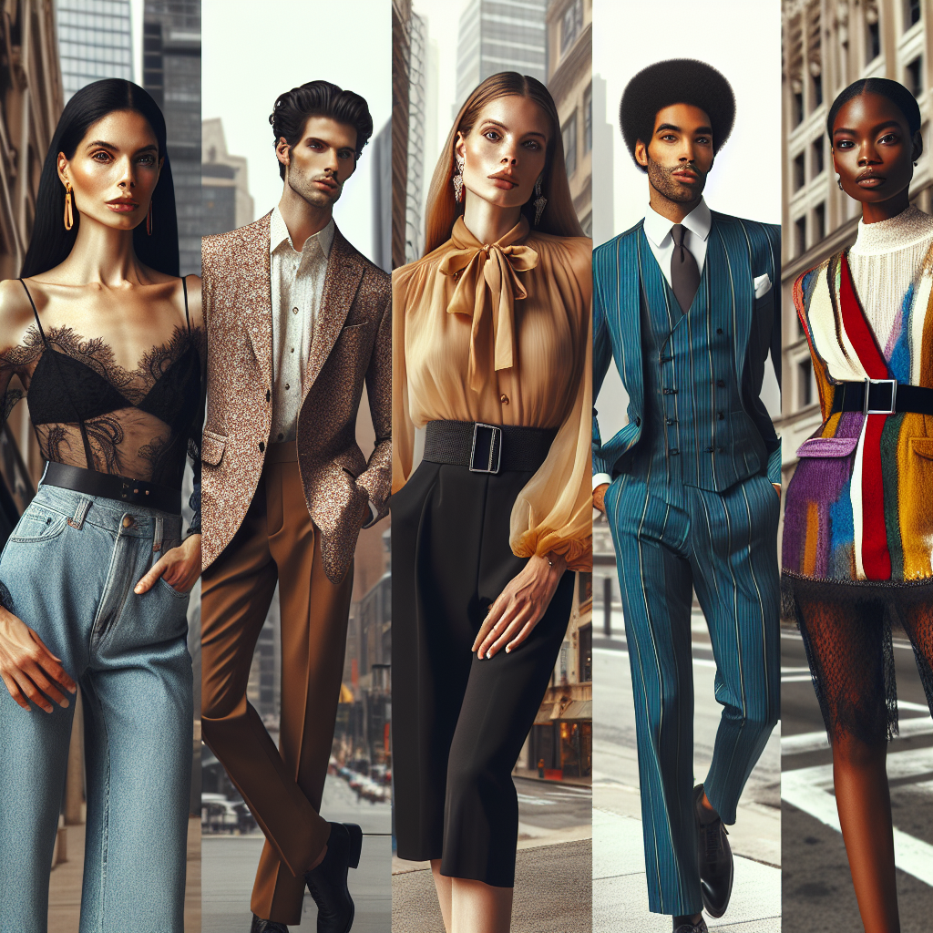 What to Wear Instead of a Dress: Chic Alternatives Create an image featuring a diverse group of stylish and empowered individuals modeling innovative alternatives to the traditional dress. The individuals include a South Asian woman wearing high-waisted pants and a lacy blouse, a Hispanic man styling a dapper jumpsuit, and an African woman elegantly dressed in a colorful, tailored blazer and a matching pencil skirt. Incorporate an urban background with chic boutiques and iconic modern architecture.