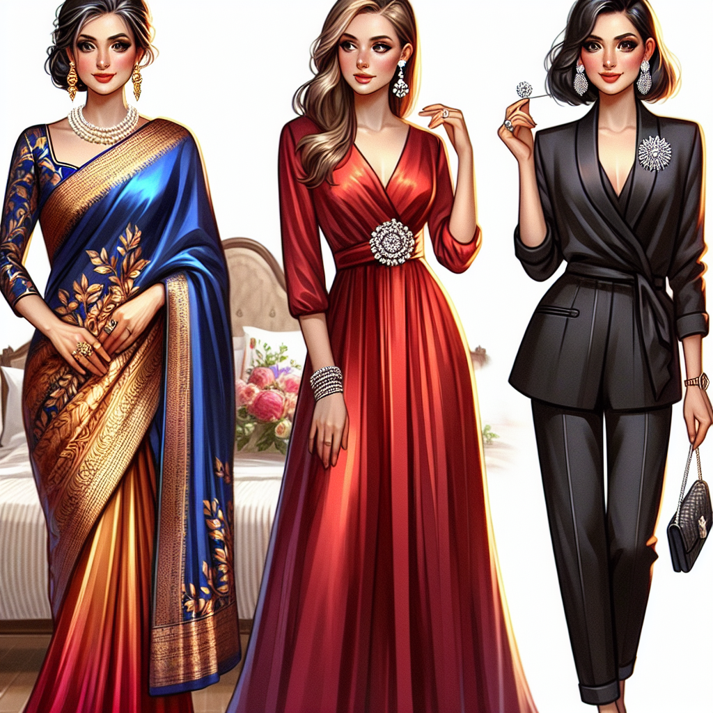 A selection of stunning outfits for women attending a pinning ceremony. Envision, firstly, a middle-aged South Asian woman in a vibrant silk saree, its rich hues of royal blue and gold beautifully offset by an elegant pearl pin on her blouse. Next, visualize a young Caucasian woman in a sophisticated long red dress, accentuated with an intricate diamond pin near her shoulder. Lastly, picture a Hispanic woman in a chic black jumpsuit, her outfit completed with a shimmering silver pin affixed to the lapel. All outfits are tastefully designed and perfect for such a ceremonial occasion.