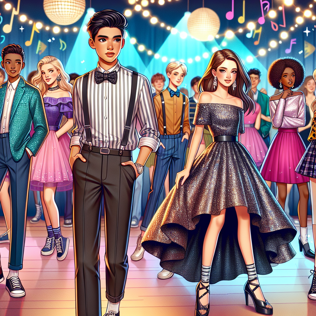 Middle School Dance: Discover Stunning, Effortless Outfits! Illustration of a vibrant middle school dance scenario. A diverse group of students in co-ed fashion are showcasing their unique, effortless dance outfits. Foreground: a Hispanic boy dressed smartly in a stylish button-down shirt and dark trousers, and an Asian girl in a shimmering knee-length dress with sequins. Background: A group of Middle-Eastern, Black, and Caucasian boys and girls enjoying the dance in colorful outfits with various designs and patterns. The ambiance and decor should reflect a modern school dance setting with decorative lights and music-themed elements.