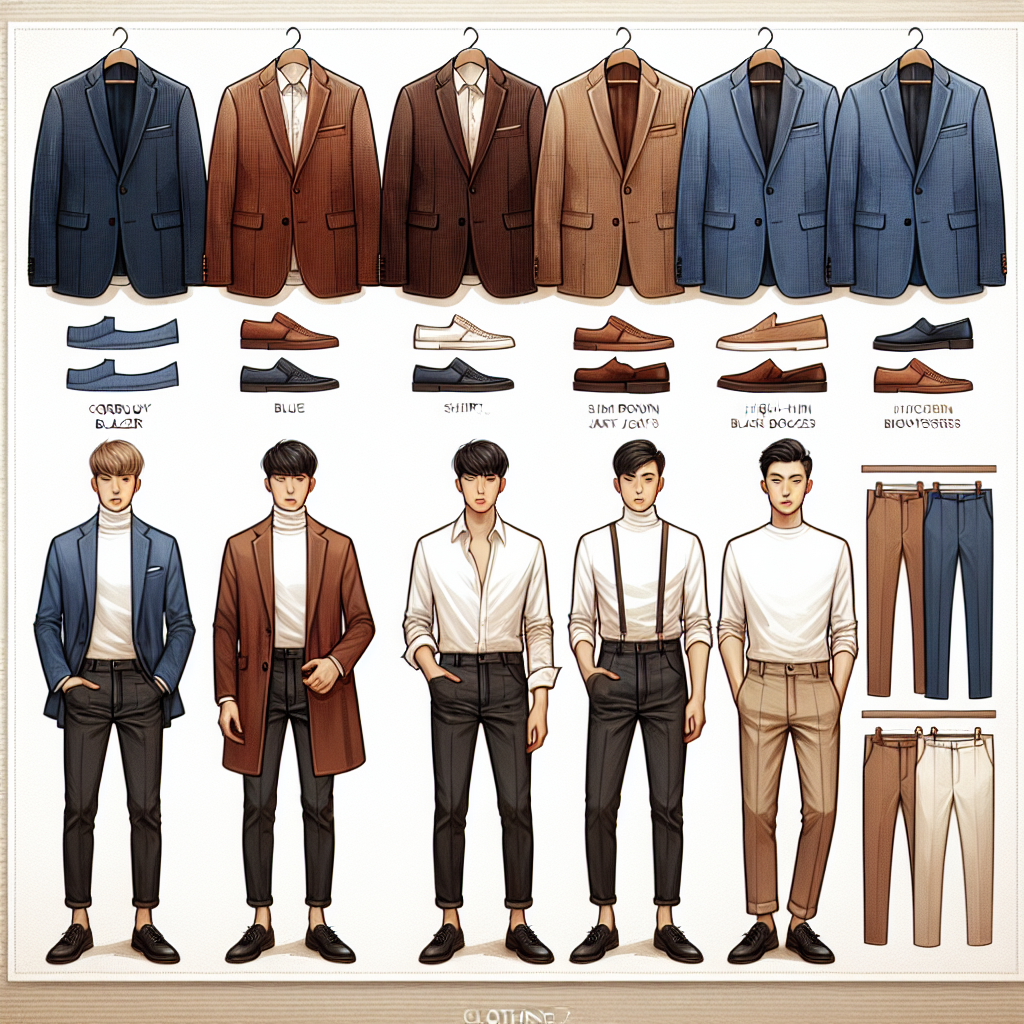 What to Wear with a Corduroy Blazer: Must-Have Tips Envision a clothing guide. On the top half of the illustration, display a variety of corduroy blazers hanging neatly against a neutral background: deep blue, warm brown, and rich burgundy. On the bottom half, visualize matching outfits neatly organized: a white male model in a light blue shirt, slim black jeans, and black loafers; a Hispanic female model in a white turtle neck, black skirt, and thigh-high black boots; and an Asian male model in a white shirt, khaki trousers, and brown loafers. Include text providing tips, such as suggesting contrasting textures and coordinating colors.