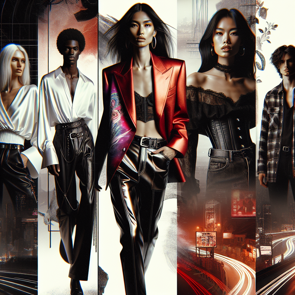 Must-Have Outfits for Black Leather Pants Nights Visualize an array of must-have outfits designed to pair harmoniously with black leather pants. Picture a White, androgynous model posing with a sleek white silk tunic, a Black woman exuding boldness in an over-sized vibrant red blazer, an East-Asian woman showcasing her elegance in a chic peplum top, and a Middle-Eastern man showcasing a street style look with a grunge inspired flannel shirt. All of them perfectly complementing the sharp aesthetic of black leather pants. The background is dynamic, transitioning subtly from an urban nightscape to a high-end fashion studio.