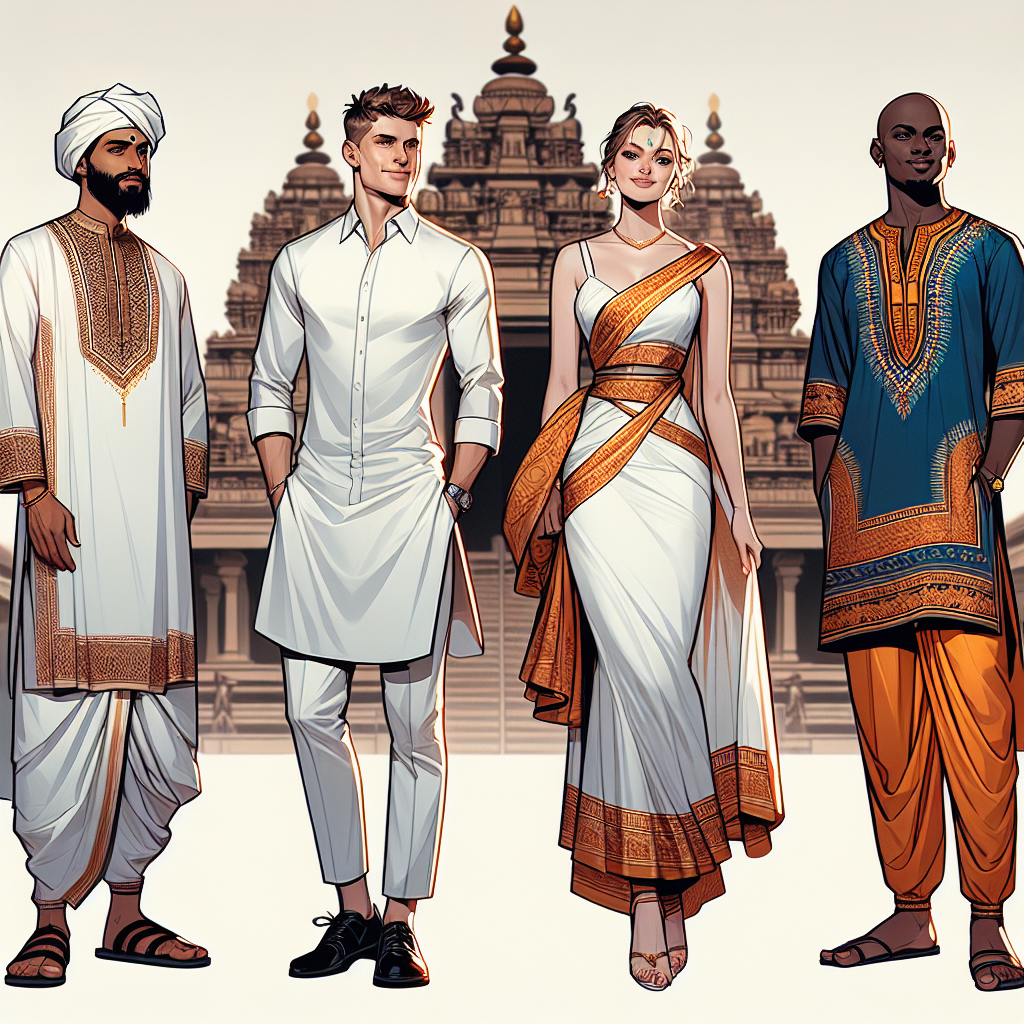 Illustrate an image showing four individuals in creative and respectful attire apropos to a temple visit. Depict a Middle-Eastern man clad in a traditional kandura with a trendy twist, a White woman wearing a stylish yet modest dress, a South Asian woman exuding elegance in a fashionable saree, and a Black man sporting an updated dashiki. Show them gracefully standing in front of an ornate temple, embodying a perfect blend of devotion and high fashion. Ensure a balance in illustrating the cultural attire, maintaining both veneration and style.