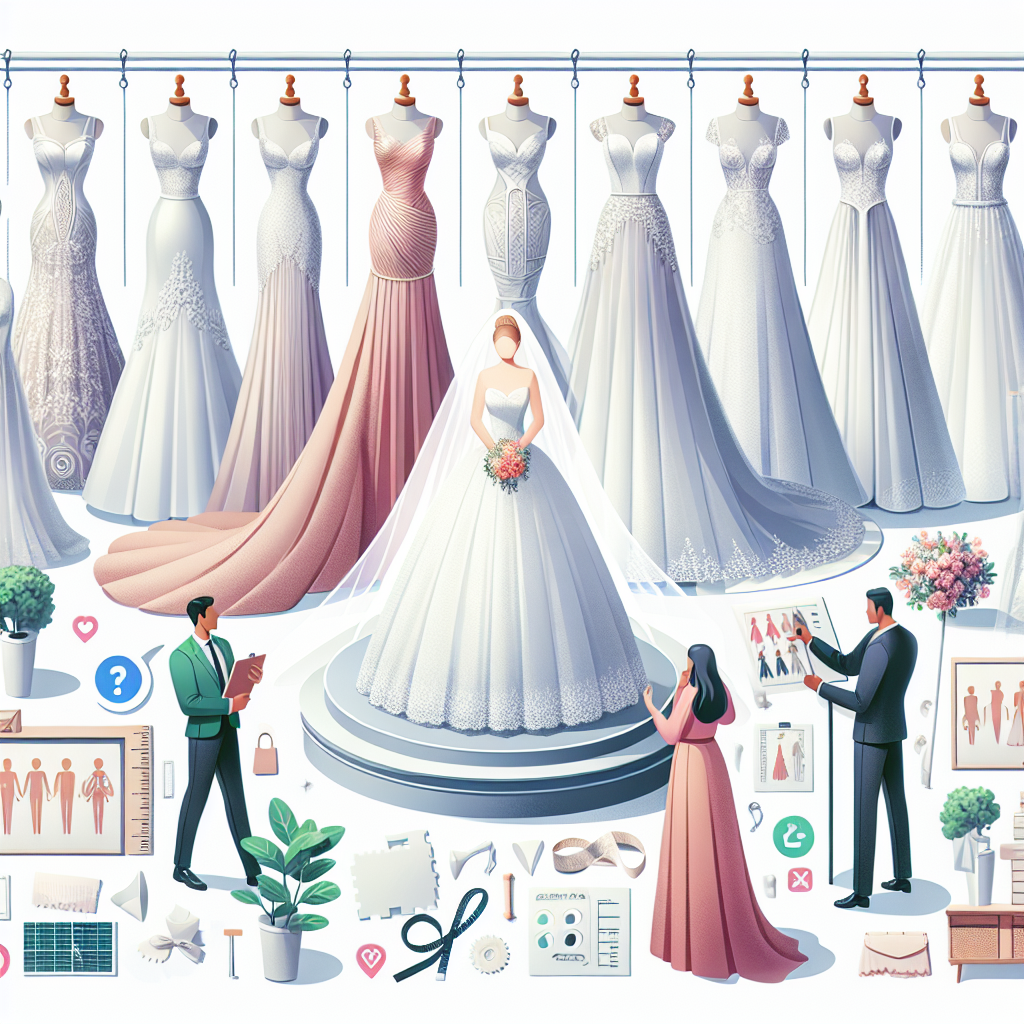 Visual representation of a comprehensive guide to finding the perfect wedding dress. The main scene includes a variety of wedding gowns of different designs and styles hung in a bridal boutique. Showcase silhouette styles like mermaid, A-line, ballgown, and sheath in a clear and detailed manner. Also, illustrate a middle-eastern bride to the left contemplating the gowns, and a Caucasian bridal consultant to the right holding a sheath-style gown. Surround the scene with helpful tips and symbols on choosing the right dress such as body type diagram, fabric swatches, and measuring tape.