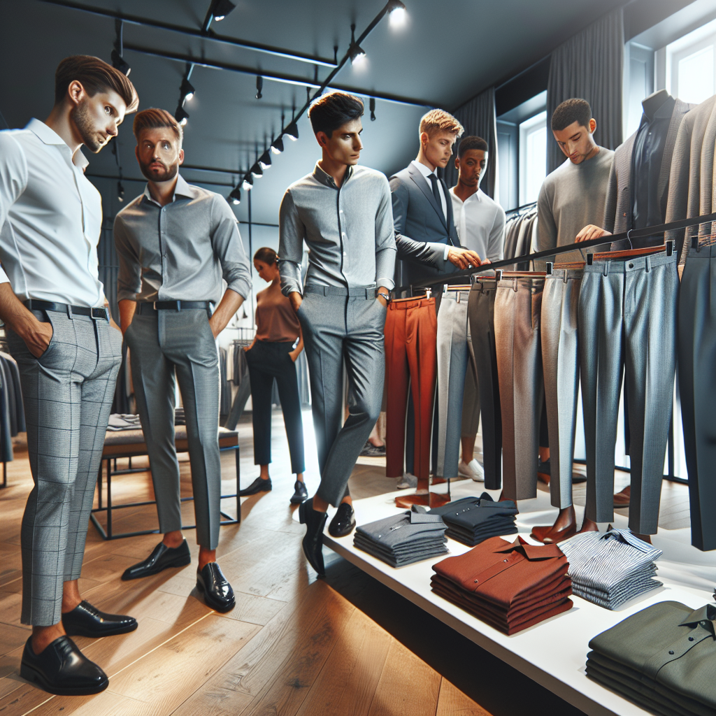 Depict a detailed scene in a stylish clothing boutique. Display a diverse array of men and women of various descents like Caucasian, Hispanic, Black, Middle-Eastern, South Asian, and others. Focus on showcasing various styles of semi-formal pants that are well-coordinated with grey shirts. Highlight the textures and details of the fabrics, the sleek tailoring, and the variety of styles. Show the individuals examining the clothes, trying them on, and interacting with each other. The ambiance should reflect elegance and sophistication.