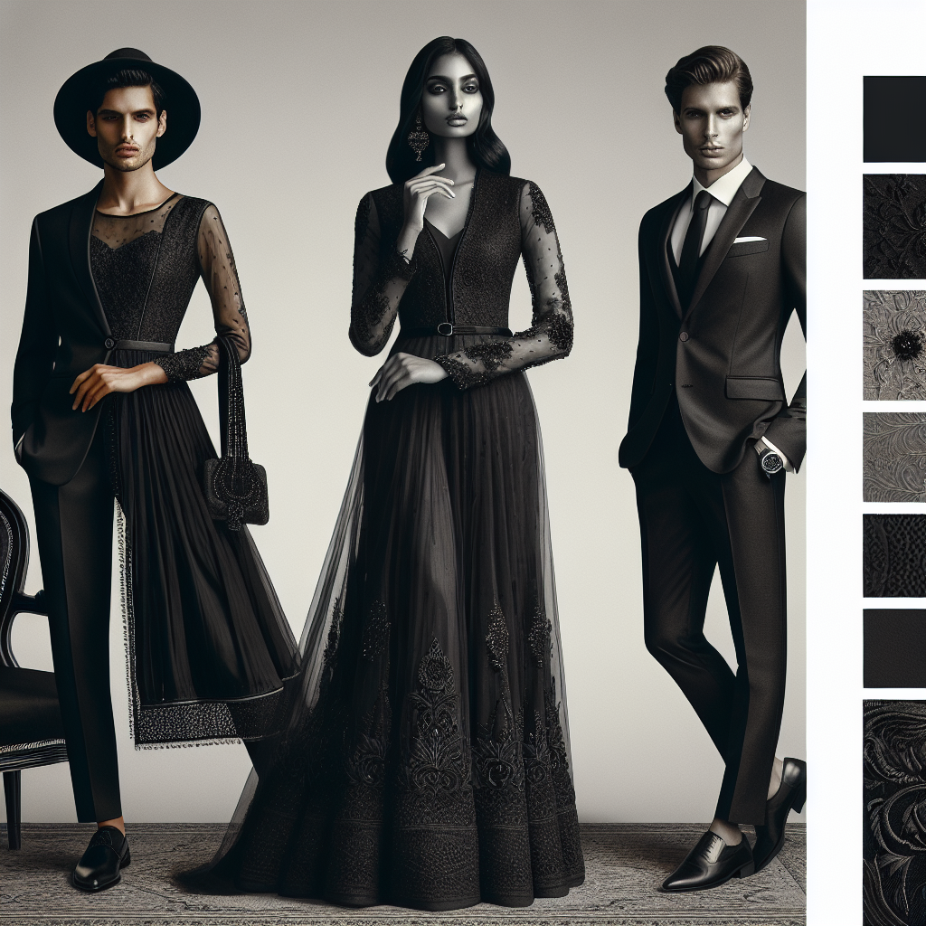 Create a sophisticated and respectful scene set in a funeral context. Center the image on a South Asian woman dressed in a tasteful, luxurious black anarkali suit with intricate lace details. Beside her, depict a Caucasian man donning a sleek, black suit, paired with a white dress shirt and a refined black tie. To their right, illustrate a black woman wearing an elegant, floor-length black dress with long sleeves. Capture subtle hints of accessories like a delicate string of pearls or a black fedora hat. To maintain the solemn atmosphere, adjust color palettes to grayscale and darker tones.