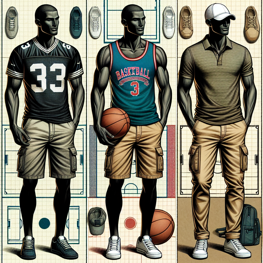 A detailed and stylized image of a variety of must-have outfits for men, all ideal for game day. From casual to smart casual attire, there's a range of styles represented. The image focuses on three key items: a football jersey partnered with khaki shorts shown on a Black man, a basketball tank top paired with denim jeans presented by a Caucasian man, and finally a baseball cap matched with a simple polo shirt and cargo pants worn by an Asian man. The background is an abstract representation of different sports fields adding a playful, thematic sense to the scene.