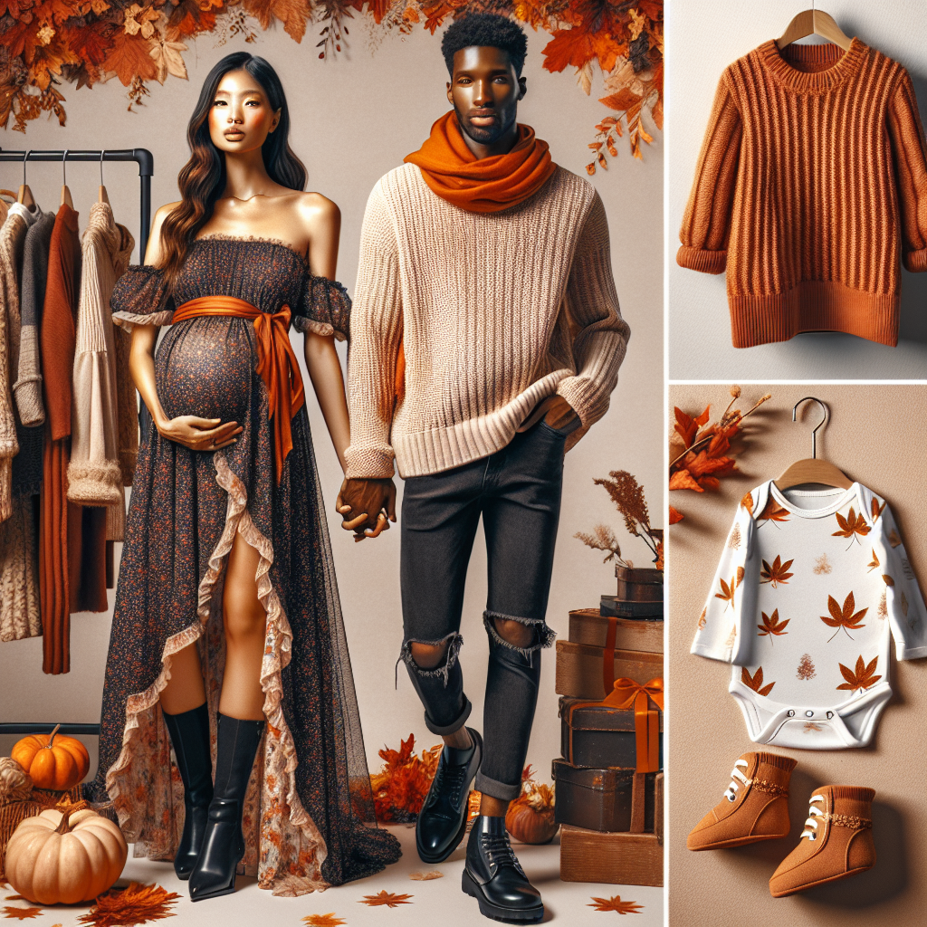 A fall aesthetic scene showcasing a variety of baby shower outfits. Picture a South Asian woman in a chic maternity dress adorned with fall tones and a Middle-Eastern woman in a cozy, layered outfit with bright orange scarf draped around her neck.  A black man stands confidently in a knitted sweater, dark denim, and stylish boots, holding a gift box. On a nearby clothing rack, display a onesie with fall leaf patterns and a tiny pair of baby booties. The background is decorated with autumn leaves, pumpkins, and warm-toned lights.