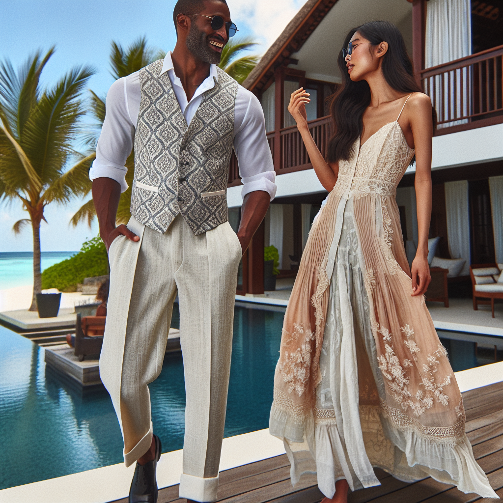 Scene showing a high-end resort where two individuals are showcasing their must-have outfit styles for christenings. One person is a tall, Black man with a refined ensemble consisting of light, breathable materials - linen trousers, a crisp white shirt, and a finely patterned silk waistcoat. Nearby, a South Asian woman complements his style, adorned in an elegant, flowing maxi dress with delicate lace detailing and pastel colours. They are both interacting joyously, surrounded by the scenic beauty of the resort with palm trees in the background, enhancing the ambiance of the scene.