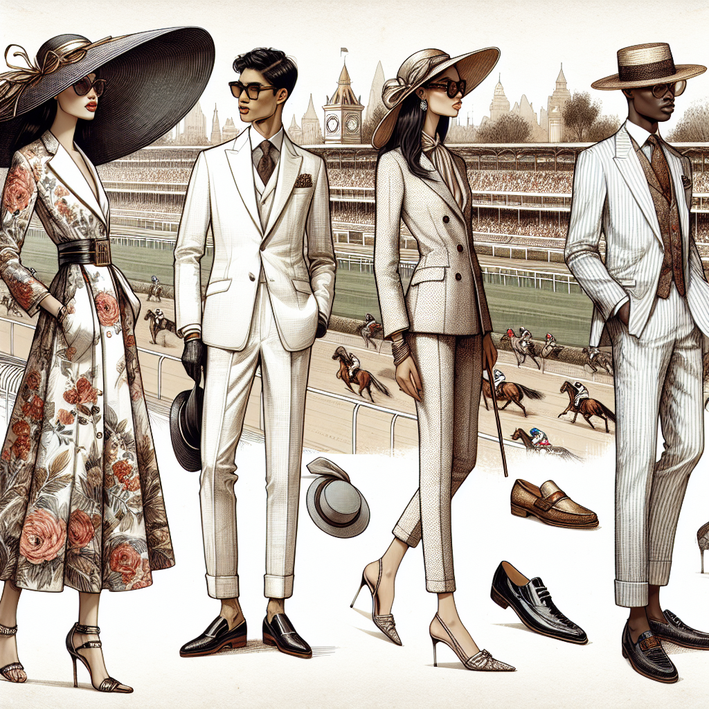 Create an image showcasing a variety of fashionable race day outfits. On the left, depict an Asian woman in a sophisticated floral dress paired with a large brimmed hat, delicate gloves, and classy heels. In the middle, illustrate a Middle-Eastern man in a tailored white linen suit, matching loafers, and a Panama hat. On the right, portray an African man wearing a modern blazer with patterned trousers, a matching tie, stylish sunglasses, and polished shoes. In the background, create a bustling but refined race track, hinting at the excitement and glamour of the day.