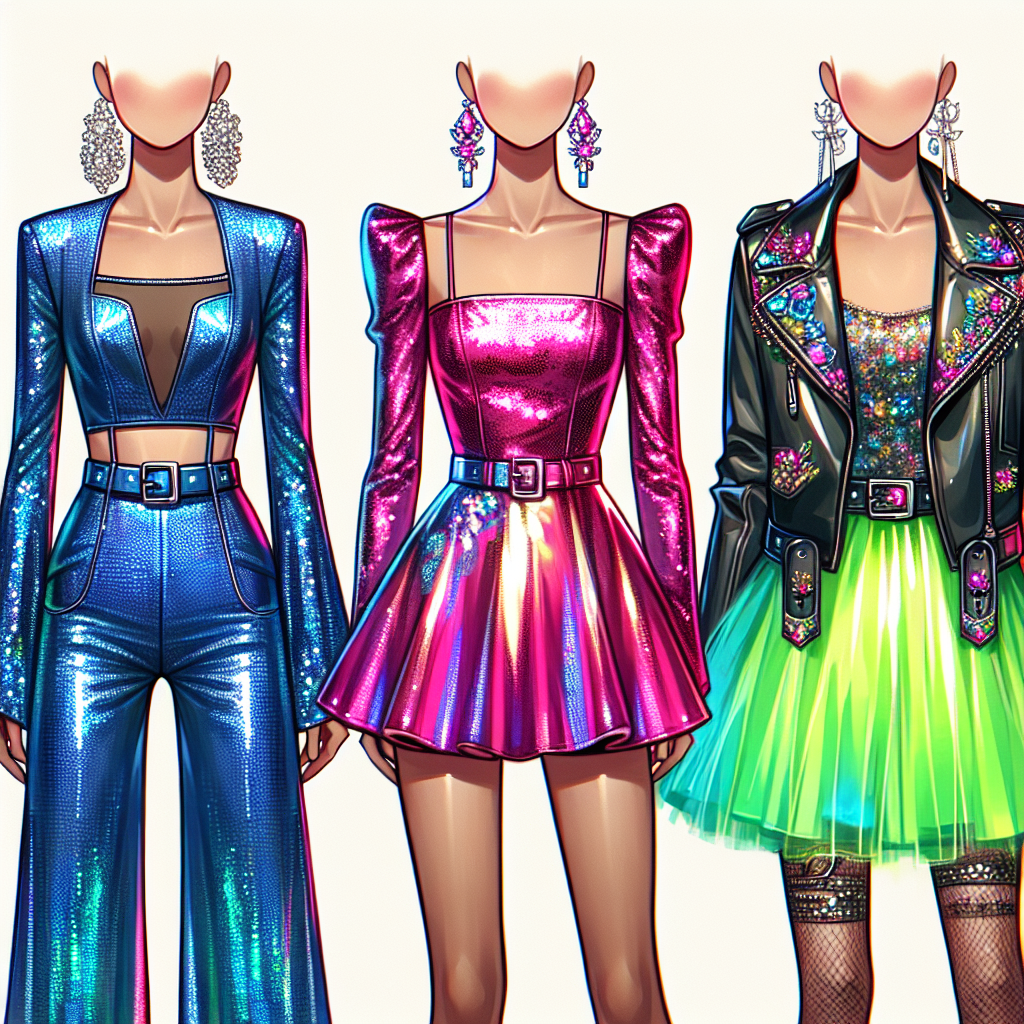 Stunning Outfits for Katy Perry Concerts: Look Fabulous! Create an image showcasing three different eye-catching concert outfits. First, an electric blue sequined jumpsuit, featuring flared bottoms and a cutout detail at the waist. Second, a trendy metallic mini-dress in radiant pink, complemented with statement crystal earrings. The third outfit should be a trendy, edgy black leather jacket paired with a neon green tulle skirt. The outfits should express a strong sense of individual style, inspired by vibrant pop culture fashion trends.