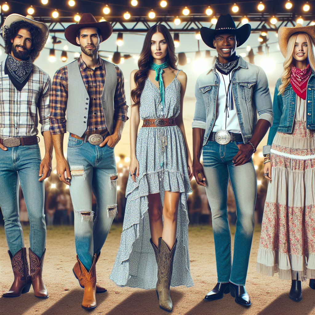 Country Concert Looks: Stunning Outfits to Stand Out Picture various stylish outfits appropriate for a country music concert. First, a pair of boot-cut jeans, a plaid shirt and a cowboy hat, worn by a Middle-Eastern man. Next to him, a Caucasian woman in a flowing boho-style maxi dress with cowboy boots and turquoise jewelry. Also, a South Asian woman wearing high-waisted denim shorts, a fringe vest, and a bandana around her neck. Finally, a Black man looking smart in fitted jeans, a western bolo tie, a denim shirt, and a pair of polished cowboy boots. All of them are standing under the festoon lights, looking excited and ready for the concert.