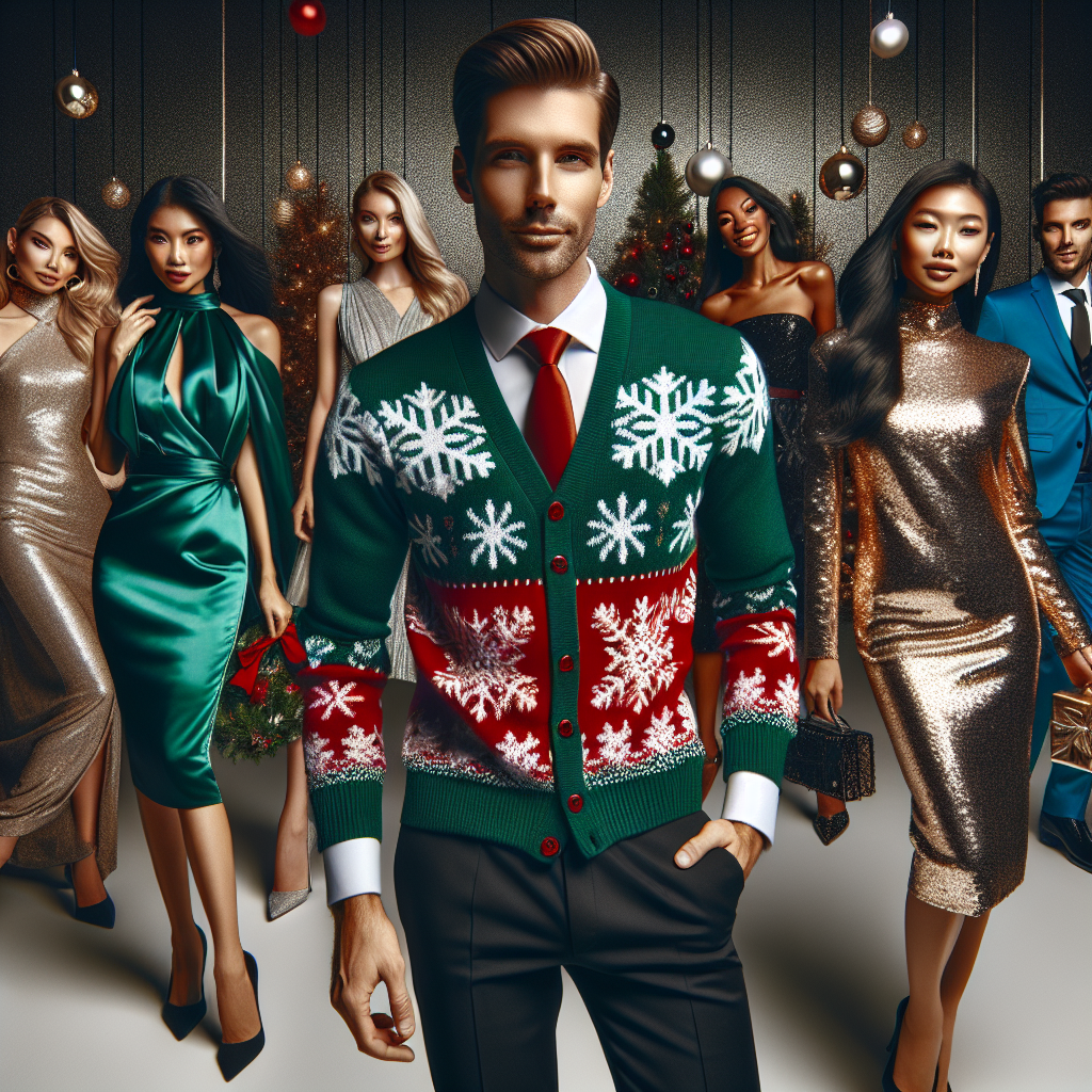 Stunning Outfits for Work Christmas Party: Effortless Style! A vibrant array of stunning work Christmas party outfits on display. In the forefront, a professional Caucasian man dressed in elegant black trousers, a festive green sweater with snowflake patterns, and a red tie. Next to him, a Hispanic female corporate executive wearing a sophisticated, glimmering silver dress with ruby red accessories. In the background, three co-workers of various descents rejoice, Asian woman in a festive, silk emerald green dress, a Middle-Eastern man in a royal blue suit with snowflake patterns and a South Asian woman in a gold sequin cocktail dress and black heels, representing effortless style and diversity. Each outfit radiates joy, and the festive spirit of Christmas is omnipresent.