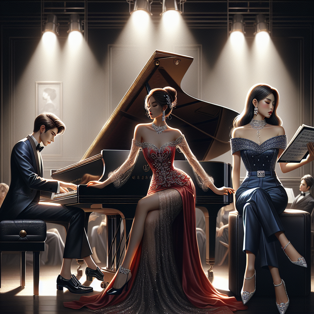 A classy and elegant piano recital setting with three models showcasing stunning recital outfits. The first model is a Caucasian male in a sleek, black tuxedo with polished black shoes, playing a grand piano. The second model is an Asian female, beautifully adorned in a flowing red gown with sparkly diamond accessories, passionately listening to the piano music. The third model is a Middle-Eastern female in a smart, blue pantsuit with high heels, studying the sheet music. All of them are under a spotlight on a stage with a blacked-out audience.