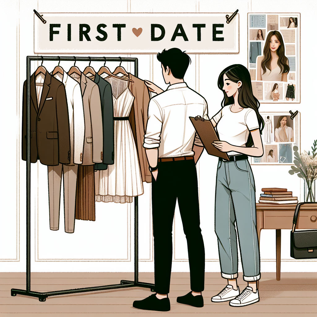 A detailed scene representing first date fashion ideas. In the center, there's a clothing rack with various stylish outfits. To the left, a Caucasian woman is looking at a simple, elegant dress, holding it up to herself in front of a mirror. On the right, an Asian man is glancing at a casual yet trendy shirt and jacket combo. In the background, a mood board is featuring fashion magazine cutouts. The atmosphere is light and charming, reinforcing the feeling of an effortless look.
