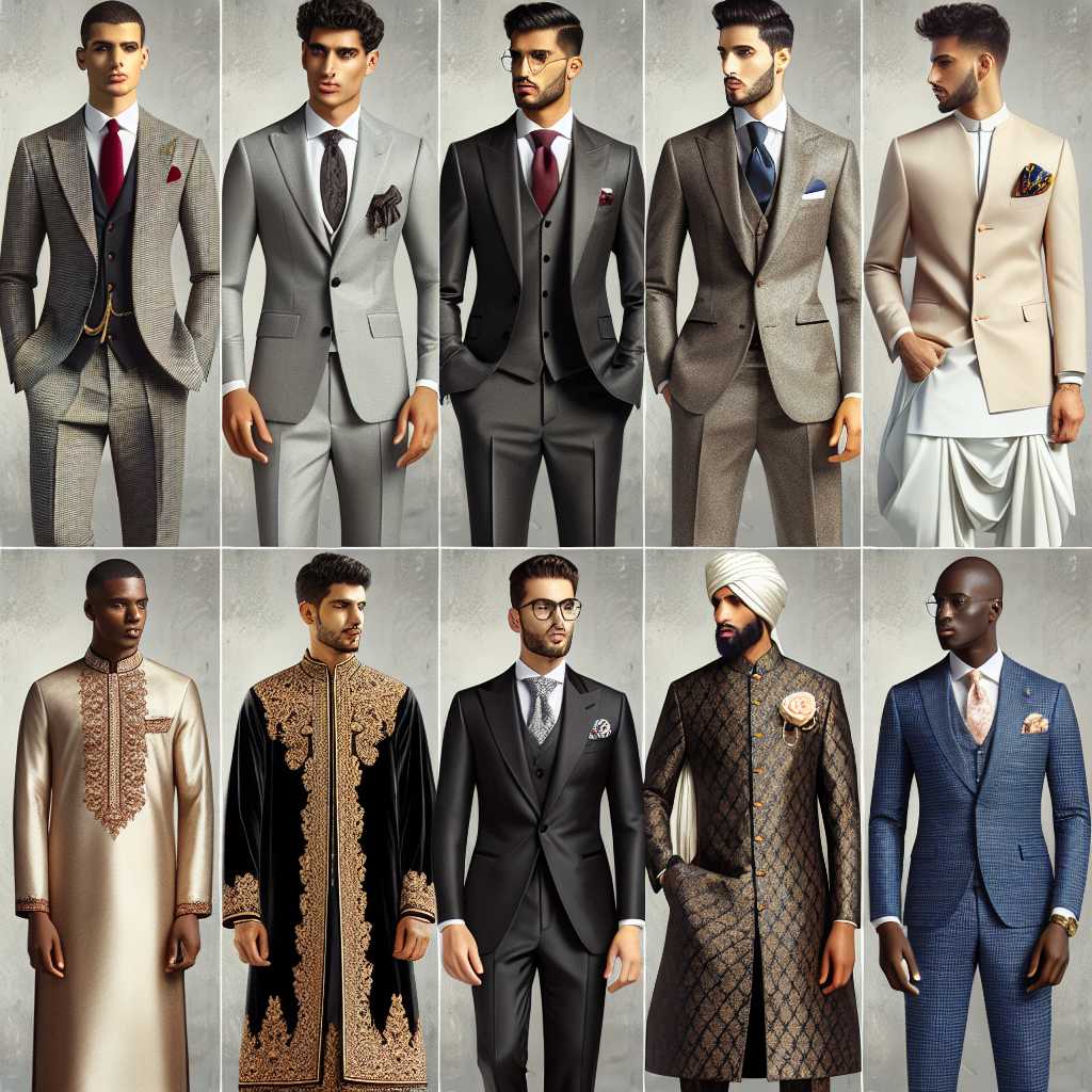 Imagine a variety of stylish wedding guest outfits for men. The first scene showcases a Middle-Eastern man in a tailored grey suit, complete with a crisp white shirt and burgundy tie. In another area, a Caucasian man, looking dapper in a traditional black tuxedo with a white dress shirt and a patterned pocket square. Following this, there is a South Asian man adorned in an elegant sherwani, richly embroidered with gold detailing. Finally, envision a Black man wearing a sleek blue suit with a matching waistcoat, a pastel shirt, and a complementary tie.