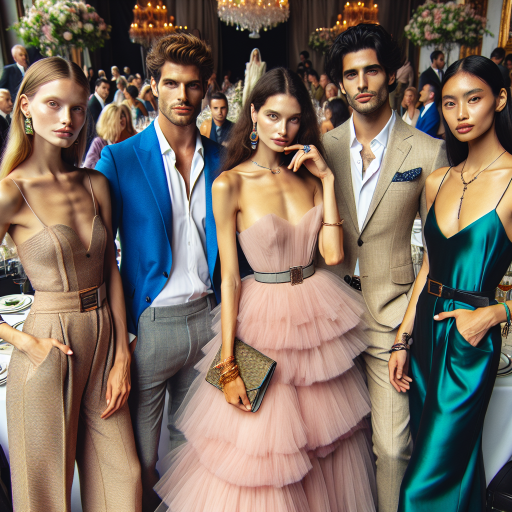 Envision an elegant scene at a high-end fashion show luncheon. Detail a diverse mix of individuals, including a Caucasian woman dressed in a lavish pink tulle maxi gown, a Hispanic man in a stylish cobalt blue suit, a South Asian woman in a trendy mustard yellow jumpsuit, a Middle Eastern man in a classy beige linen suit, and a Black woman exuding sophistication in an emerald green silk dress. They all carry accessories that complement their outfits. The environment around them is filled with other guests, beautiful decoration, a catwalk in the distance, and an aura filled with excitement and anticipation.