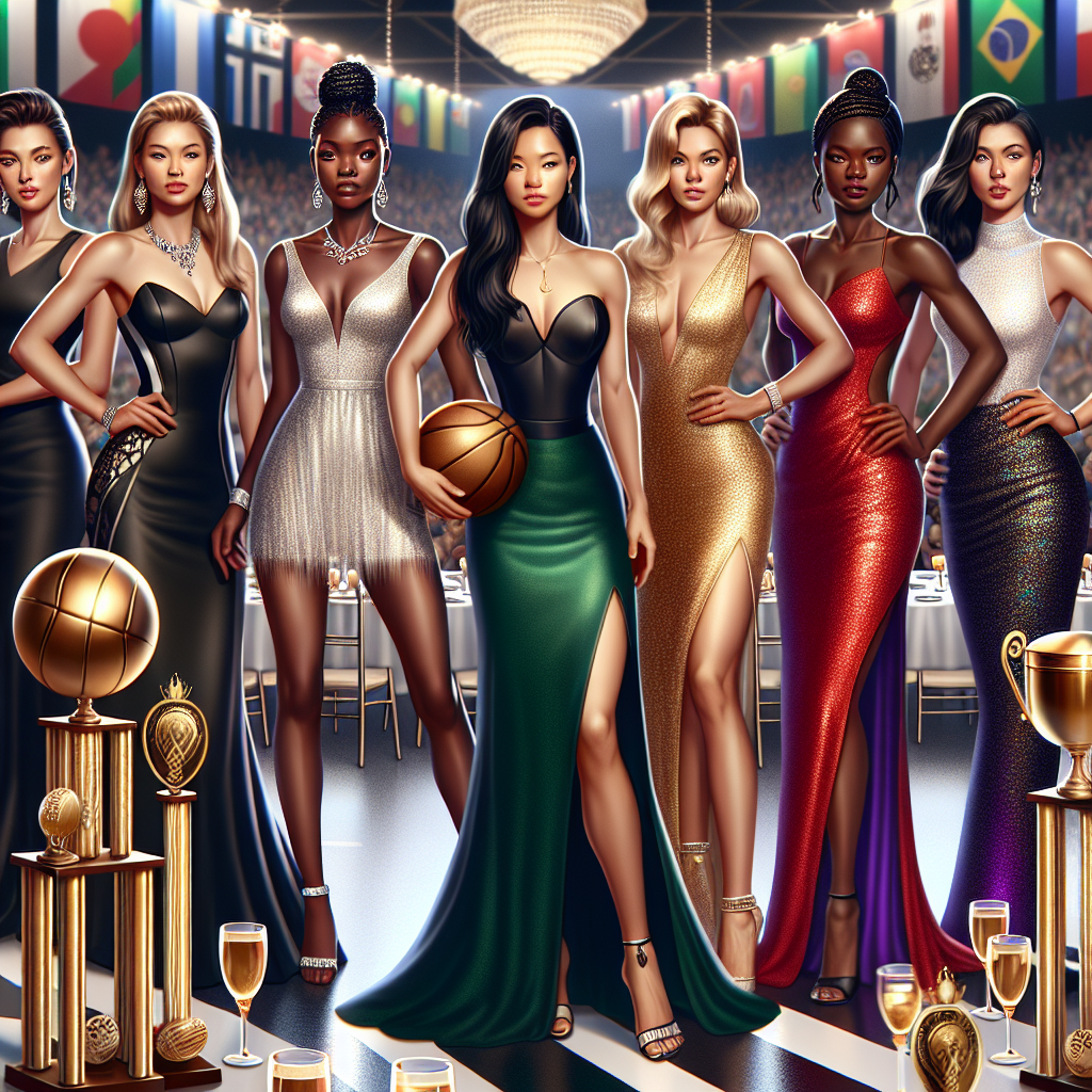 A glamorous sports banquet scene filled with women representing a variety of descripts. An Asian woman adorns a classic black dress, while a Hispanic woman showcases an elegant red gown. A Middle-Eastern woman brings color with a stunning emerald green dress and an African woman shines in a gold sequin number. In the background, a South Asian woman stands out in a majestic purple sari. Each woman's attire complements their athletic physique. The setting is decorated with trophies and banquet tables filled with beautiful centerpieces, while the atmosphere buzzes with celebratory energy.