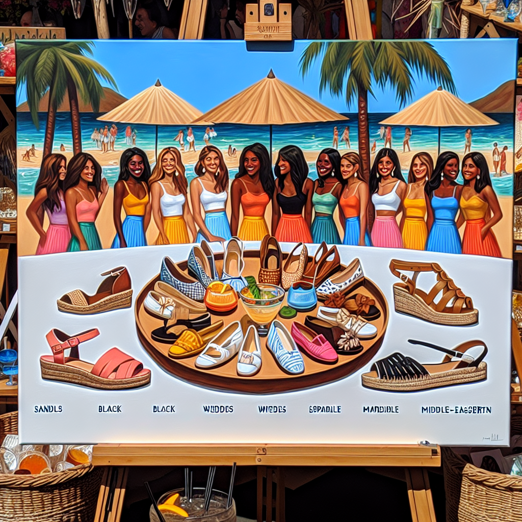 Create a tropical scene at an island-themed party showcasing a platter of must-have shoe styles, perfect to pair with skorts. The display should consist of sandals, wedges, and espadrilles in vivid hues reflecting the spirit of Margaritaville. The party surroundings should be vibrant, dotted with palm trees, tiki torches, and cocktail tables. Include guests wearing skorts, of diverse descents such as Black, Hispanic, White, and Middle-Eastern with varying genders. The canvas should capture the relaxed, fun-filled ambiance associated with Margaritaville.