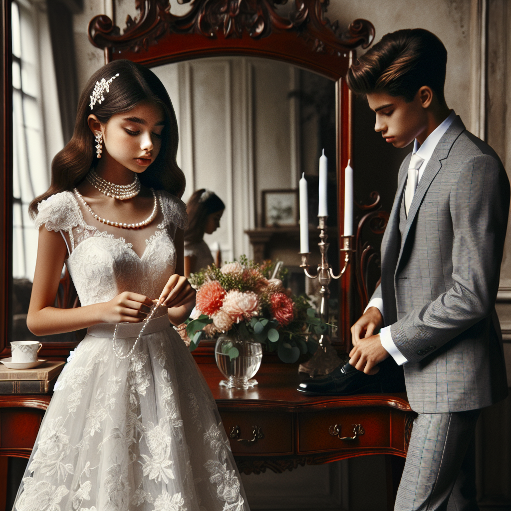 What to Wear to Confirmation: Effortless Elegance Visualize a scene where a teenage girl of South Asian descent is dressed in a beautiful, white lace dress, adorned with pearls that embody effortless elegance. She's standing before a classic wooden antique mirror, adjusting a delicate headpiece. Next to her, a boy of Hispanic descent, dressed in a smart, tailored grey suit with a crisp white shirt and tie, is tying his polished black shoes. There's an atmosphere of serene anticipation. A vibrant bouquet of fresh flowers lies on a polished wooden table nearby. The room they're in reflects an old-world charm.