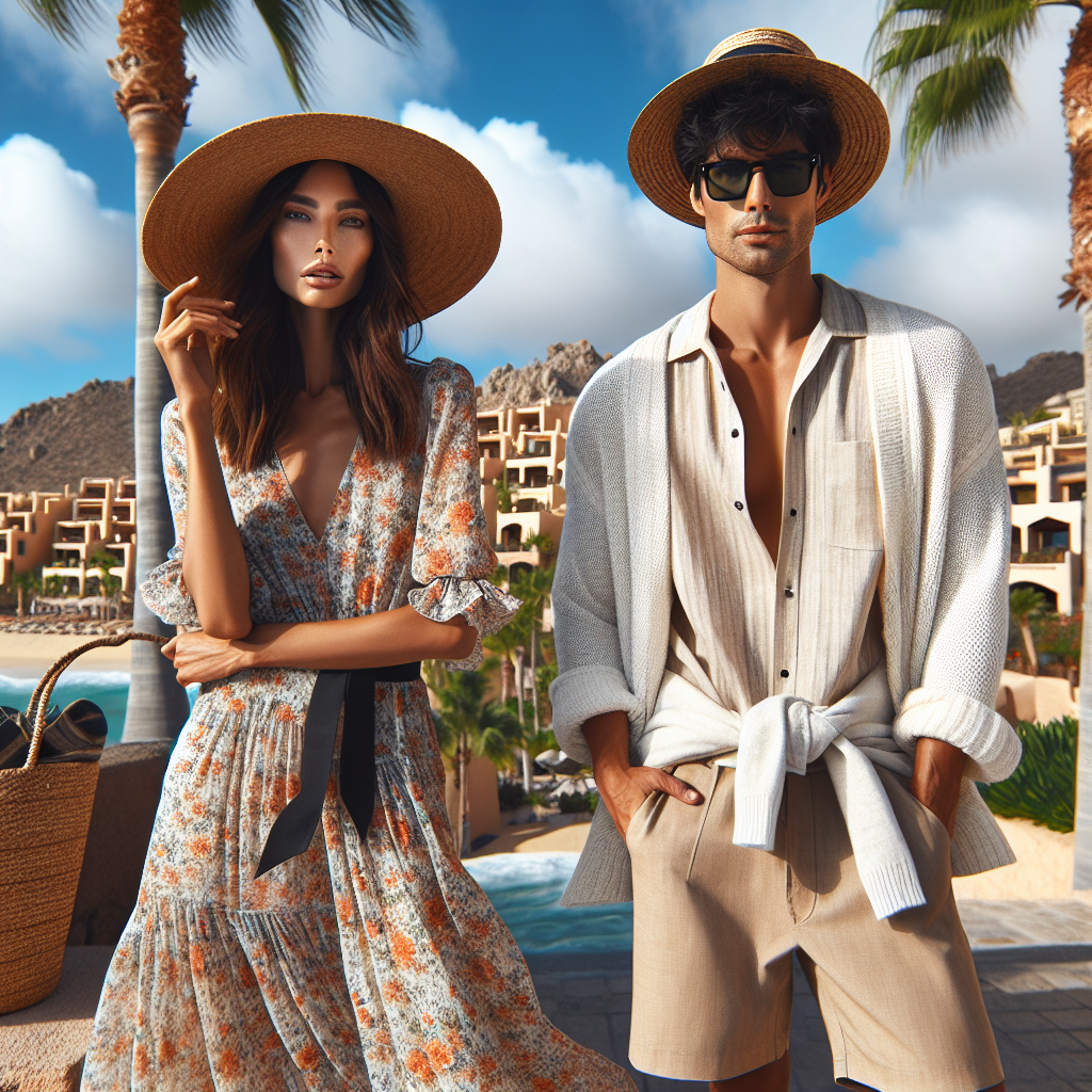 What to Wear in Cabo: Stunning December Styles! Imagine a fashionable scene set in Cabo in December. Palm trees and resorts are in the background, under a clear blue sky. A woman of African descent is wearing a breezy floral maxi dress paired with a straw hat, ideal for a warm winter climate. Nearby, an Asian man is flaunting a relaxed linen shirt and beige chino shorts, with a light white sweater tied around his shoulders - a perfect look for cooler evenings. They both have stylish sunglasses on, creating an image that reflects stylish resort wear for winter in Cabo.