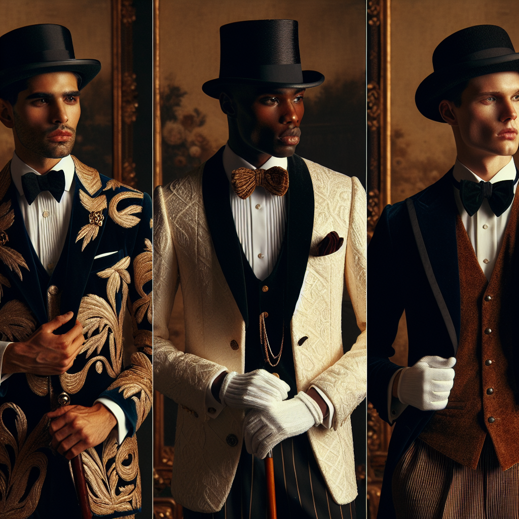 Stunning 1920s Party Wear for Men: Effortless Elegance Devise a sumptuously detailed scene from a high class 1920s event, denoting the sophisticated fashion of the era for men. Introduce a trio of men, each displaying distinct sartorial elegance. The first, a Hispanic man, dons a richly embroidered tailored suit with a polished cane and top hat; the second, a Black gentleman, displays a suave white tuxedo with matching gloves and a decadent pocket watch; and the third, a Caucasian man, impresses with a velvet waistcoat, crisp dress shirt, and bow tie. Each should exhibit an atmosphere of undeniable charisma and effortless elegance.