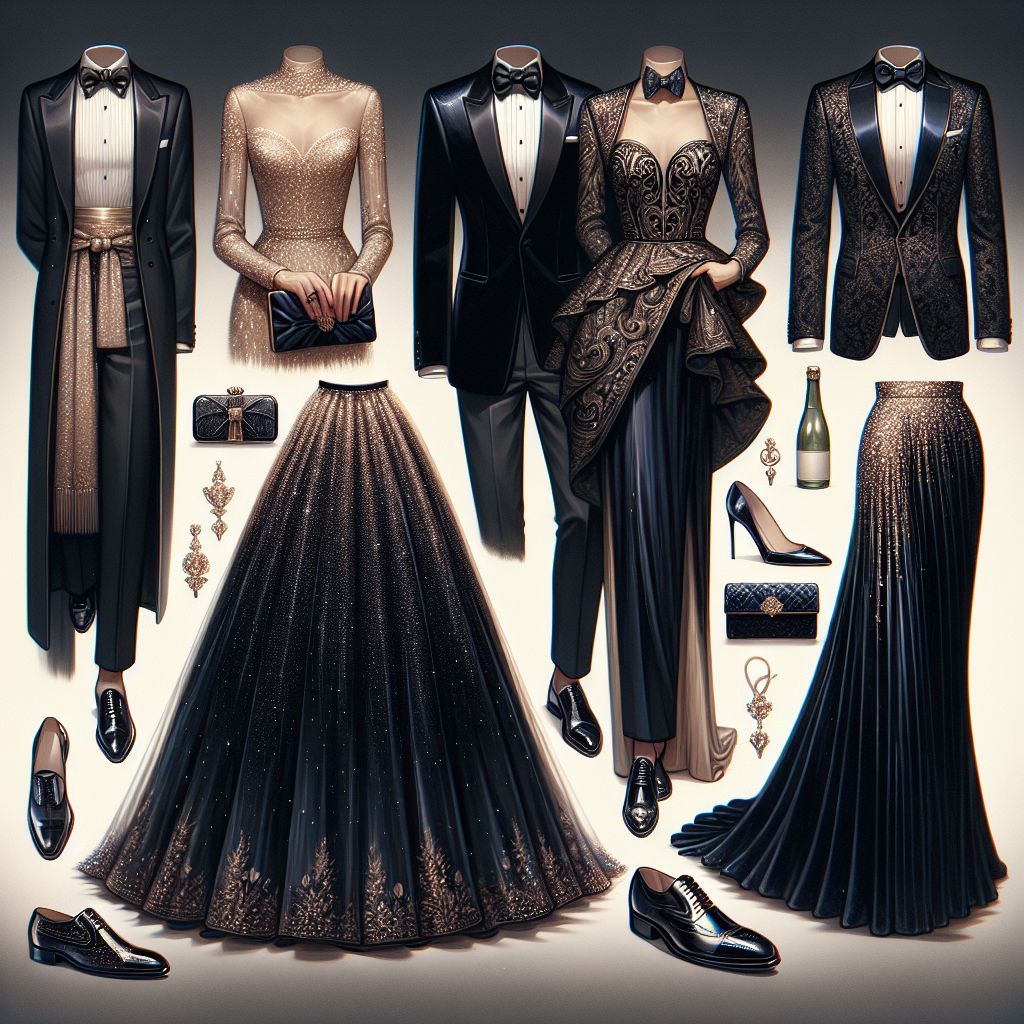 Stunning Outfits for Black Tie Events: Must-Have Elegance An array of luxurious and stylish outfits ready for black tie events. On one side, there's a sleek, black tuxedo complete with a bow tie, cummerbund, and polished shoes meant for a middle-aged, Caucasian man. Next, showcase a splendid ball gown, elegantly draped and sparkling, meant for a young, Hispanic woman. Accessories include a designer clutch and glittery stilettos. Lastly, present a modern alternative style suitable for a South Asian non-binary individual, a tailored velvet suit in deep navy with a matching bow tie and glossy loafers. Every look exudes opulence and sophistication.