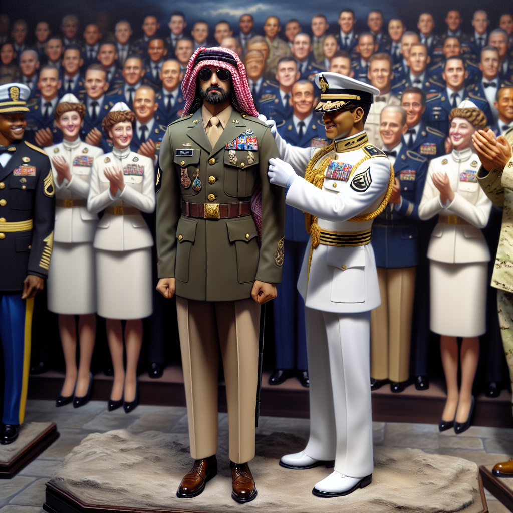 Stunning Outfits for Military Pinning Ceremony An exquisitely detailed scene of a military pinning ceremony taking place, but the focus is on the outfits being worn. A Middle-Eastern male officer in a crisply ironed khaki uniform, complete with polished shoes and badges gleaming in the light. Beside him, a Black female officer is in a navy ceremonial dress uniform, her meticulous braids brushed to a shine. On the other end, an Hispanic male officer sports a pristine white dress uniform, the gold trims contrasting elegantly against the fabric. The crowd is an array of dazzlingly dressed individuals, applauding and sharing smiles.