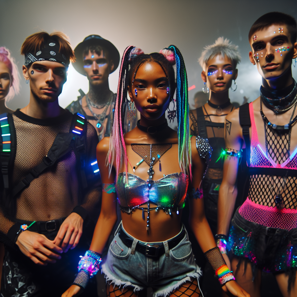 Must-Have Looks for Rave: Effortless & Bold Image of a diverse group of young individuals at a music festival all dressed in rave ready clothing. A black female wearing neon braids and holographic clothes is dancing in the center. To her right, a Hispanic male with buzz cut hair is dressed in cyberpunk style attire, illuminated by hidden LED lights. In the far right, a Caucasian male with a bandana and painted face, is wearing a mesh top and colorful LED accessories. In the far left, a South Asian female with short pixie cut hair, is wearing a rainbow jumpsuit paired with UV reactive make up.