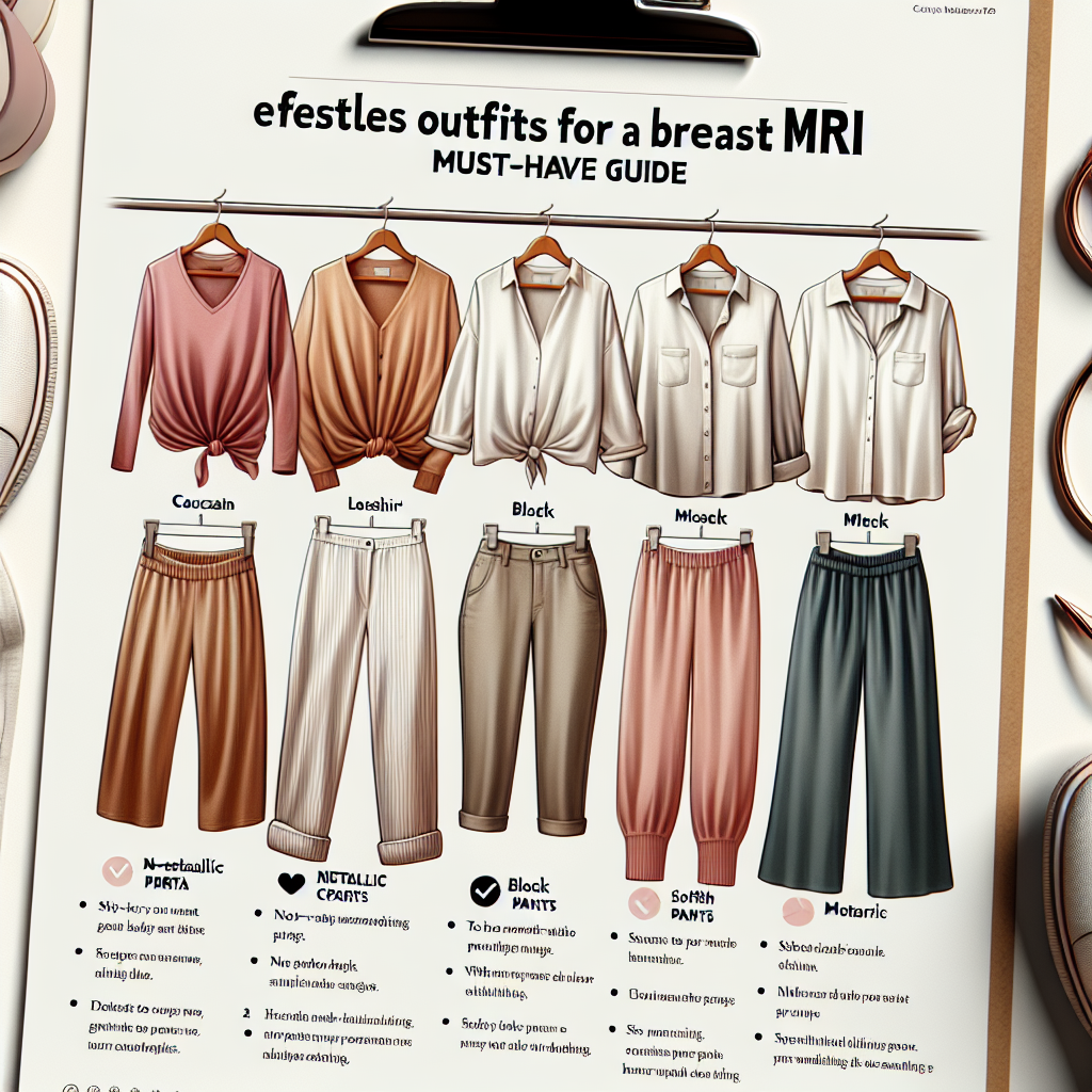 Effortless Outfits for a Breast MRI: Must-Have Guide Create an image that showcases a collection of comfortable and non-metallic clothing items suitable for a breast MRI. The collection should include loose t-shirts in a variety of colors, button-down shirts, soft pants, and easy-to-slip-on shoes. Picture them on a crisp, wooden hanger against a simple, white background. The clothes will be worn by a diverse range of women, showcasing Caucasian, Hispanic, Black, Middle-eastern, and South Asian females. Display a written guide on the side bearing the title 'Effortless Outfits for a Breast MRI: Must-Have Guide' with key points highlighting the importance of comfort and avoidance of metal in clothing.