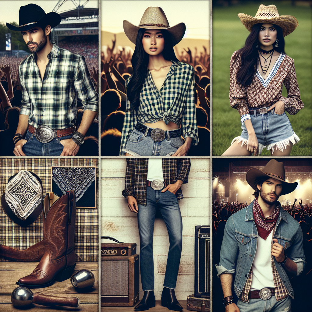 A lively country-themed concert atmosphere showcasing a collage of effortless, must-have styles. On one side, picture a stylish South Asian gentleman clad in a classic cowboy hat, plaid button-up shirt, denim jeans, and polished boots. On another side, an empowered Middle-Eastern woman in a fashionable straw hat, geometric patterned blouse, cut-off shorts and rustic cowboy boots. Also, display a Hispanic male in treated denim with a traditional cowboy belt buckle, complimented by a rustic bandana around his neck. Include lively concert elements in the background for context.