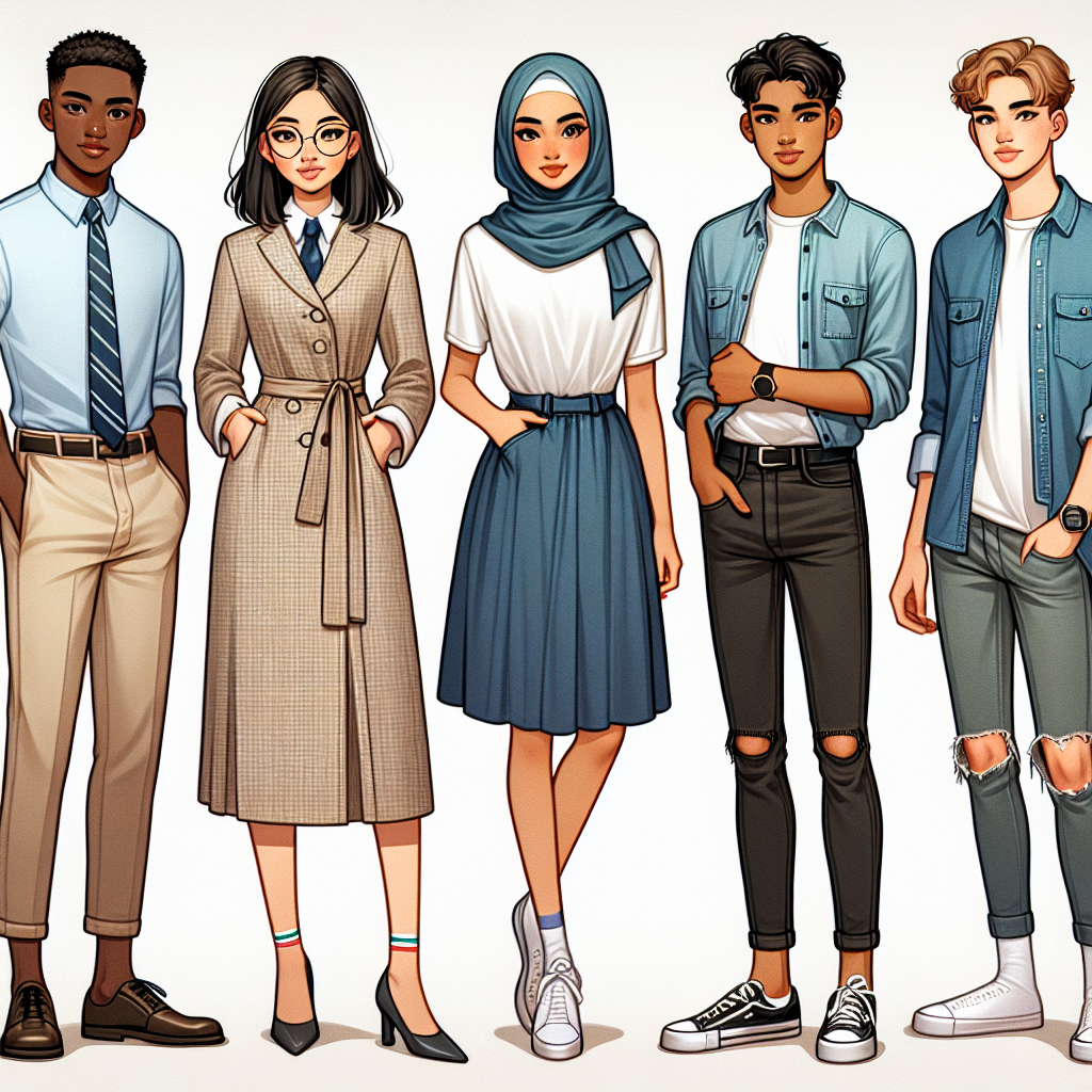 Stunning Outfits for School Interviews: Dress to Impress Create an illustration of five diverse teenagers preparing for school interviews. On the left, an African American boy wearing a light blue button-down shirt with khaki pants and glasses, next to him, an Asian female teen in an elegant knee-length dress with collar details, alongside her, a Middle Eastern girl wearing a modern, stylish hijab with smart-casual attire, beside her a Caucasian boy in a well-fitted suit, and finally a Hispanic male teen wearing a trendy denim shirt over a white T-shirt with black jeans. Showcase their expressions of optimism and confidence.