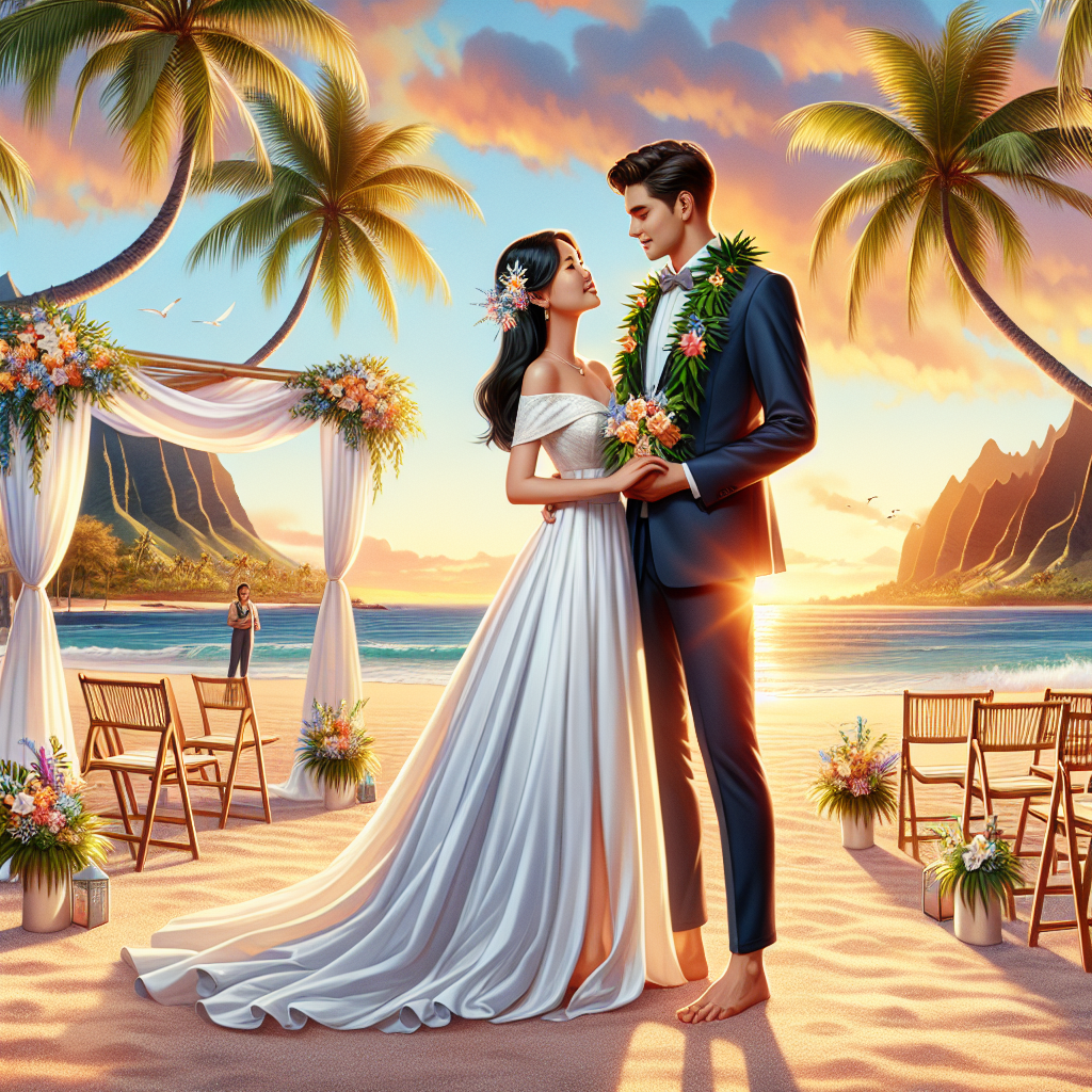 Hawaii Wedding Styles: Effortless & Stunning Picks Picture an ideal Hawaii wedding setting. A white sandy beach is present as the backdrop. An East Asian bride is dressed in a stylish, flowing white dress, leaning into her Caucasian groom, who wears a navy blue suit with a vibrant floral lei. Tall, lush green palm trees stand along the shore and the radiant Hawaiian sunset illuminates the happy couple. Some bamboo chairs are set up with an aisle leading towards a simple arch draped with white cloth and tropical flowers. A scattering of guests can be seen in casual attire with welcoming smiles.