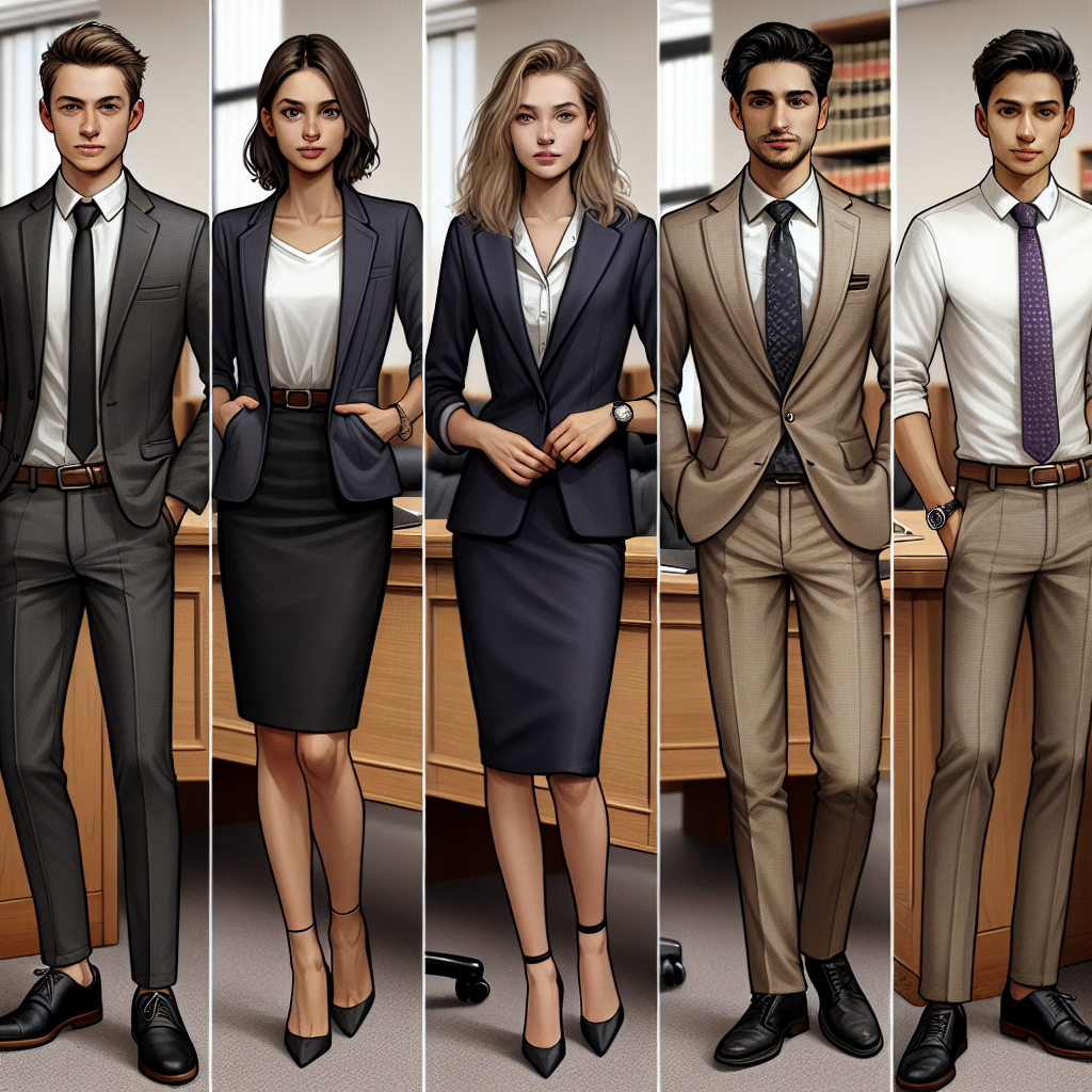Imagine a collage of five individuals attending a court session. They are dressed in affordable yet stylish clothes suitable for the setting. From left to right, a Caucasian male in a charcoal grey suit, a Hispanic female in a smart navy blazer with a knee-length skirt, a Middle-Eastern male in a tailored beige business suit, a white female in a black pencil dress, and a South Asian male in a crisp white shirt, black trousers, and a tasteful purple tie. Each is displaying a high degree of professionalism and respect for the courtroom environment.