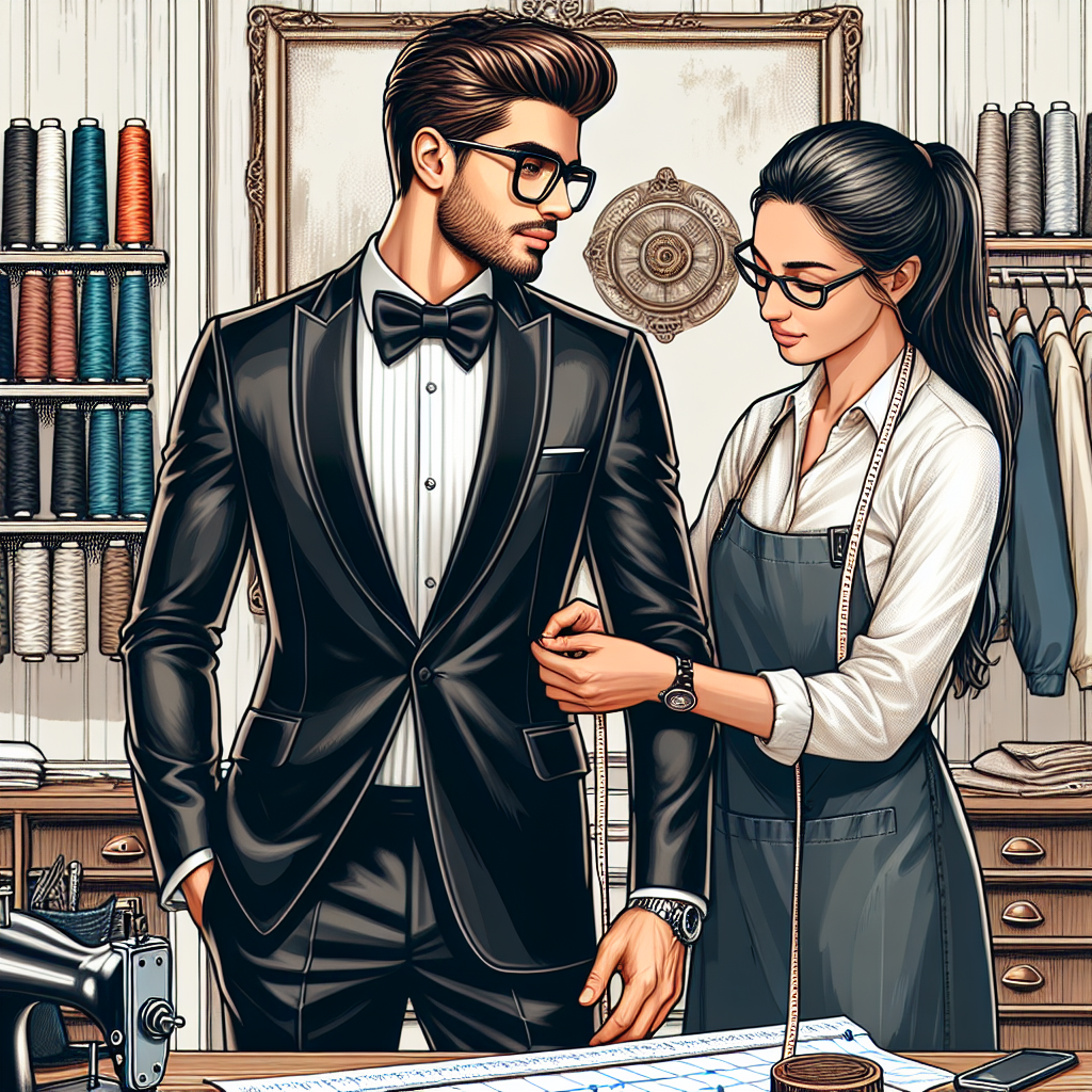 A detailed illustration of a Caucasian man in his mid-thirties, with neatly groomed hair and a pair of trendy glasses, stylish and confident, standing in a classy tailoring shop. He's being assisted by a Middle-Eastern woman tailor, professional, and experienced in her job. He's trying on a sleek black tuxedo, the tailor is adjusting the fit of the jacket, taking precise measurements with a measuring tape. The scene of tuxedo fitting unfolds against the backdrop of a tailor's shop equipped with spools of thread, assorted fabrics, and vintage tailor equipment offering a sense of authenticity and craftsmanship.