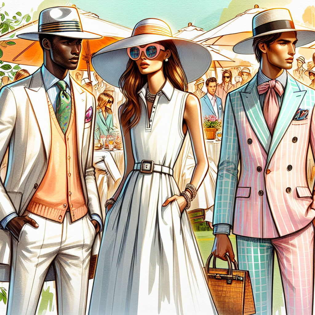 Stunning Outfits for Country Club Celebrations: Must-Have Looks An illustrative scene of a country club celebration where a spectrum of stunning outfits are on display. The image should depict three people, each with their unique style. The first person, a black man, is wearing a stylish white linen suit with a Panama hat, the second person, a white woman, is dressed in a pastel polo dress accessorized with a sun hat, radiant sunglasses, and a complementing handbag, and the third individual, a South Asian man, is dressed in an elegant and classy pastel-colored seersucker suit with a matching bow-tie. The ambiance should emanate sophistication and vibrancy to truly represent the theme of pristine celebrations at country clubs.