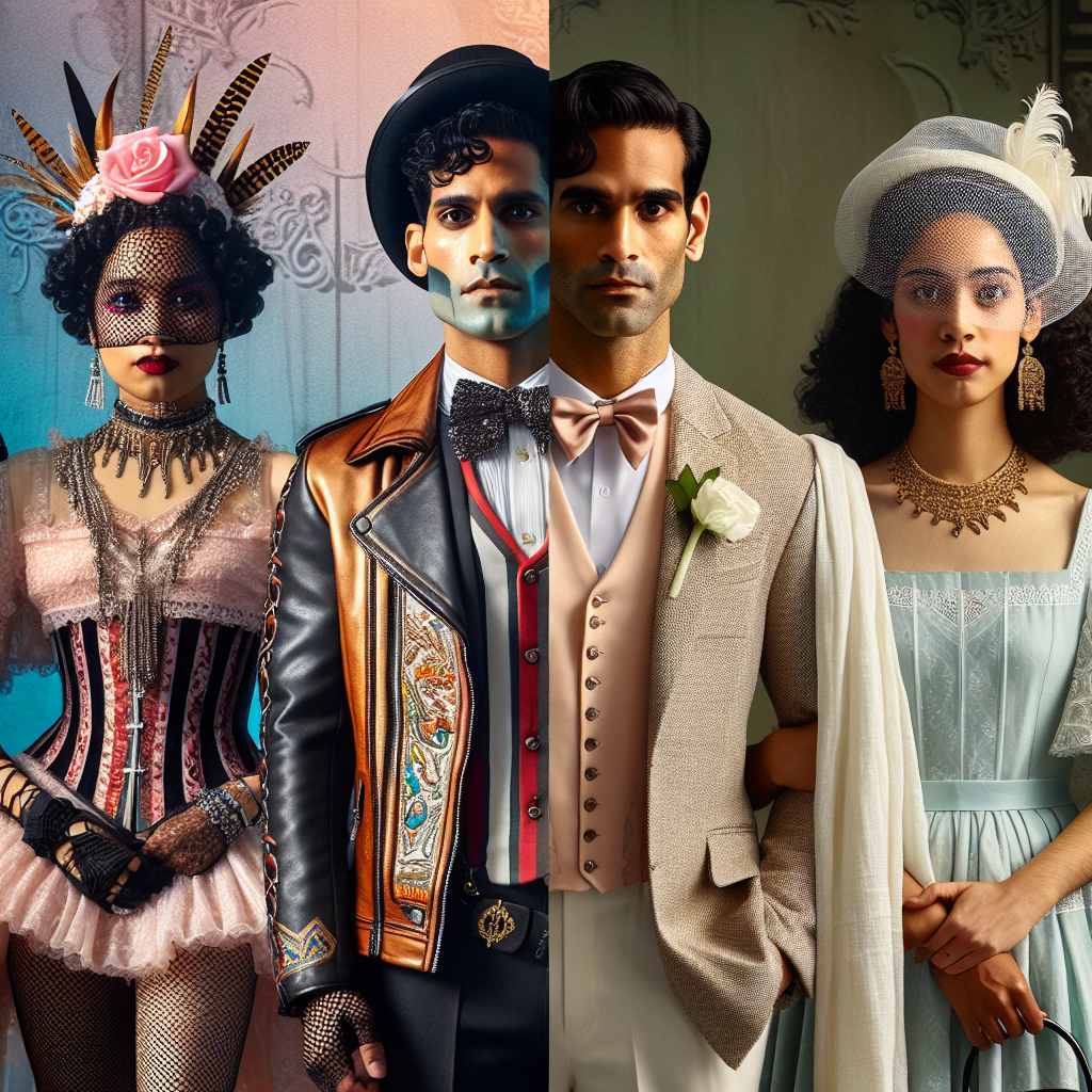 A divided image showing two diverse fashion styles. On the left, a South Asian man and a Caucasian woman are adorned in eye-catching, theatrical outfits, comprising corsets, fishnet stockings, leather jackets, and sequined hats, embodying the flamboyant nature of Rocky Horror costumes. On the right, a Middle-Eastern woman and a Hispanic man are dressed in elegant, modest attire suitable for a baptism event. The woman wears a pastel knee-length dress and a fascinator hat, while the man dons a crisp linen suit. The duality of the apparel holds a captivating contrast.