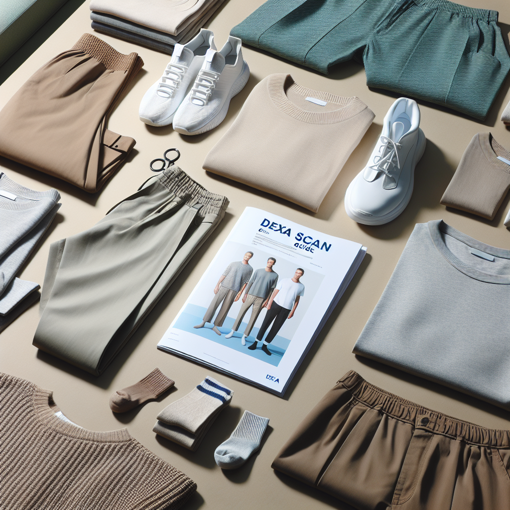What Should I Wear to a Dexa Scan: Effortless Guide An inviting, organized scene featuring an assortment of clothing options suitable for a Dexa Scan appointment. Set against a calm, neutral background, arrange a variety of different clothes: relaxed trousers, loose-fitting shirts, and soft socks, all devoid of metal. Include in the foreground, an information booklet clearly labeled 'Dexa Scan Guide' hence giving the layout a sense of context. Emphasize the feeling of comfort and ease to convey the simplicity and breeziness of the preparation process.