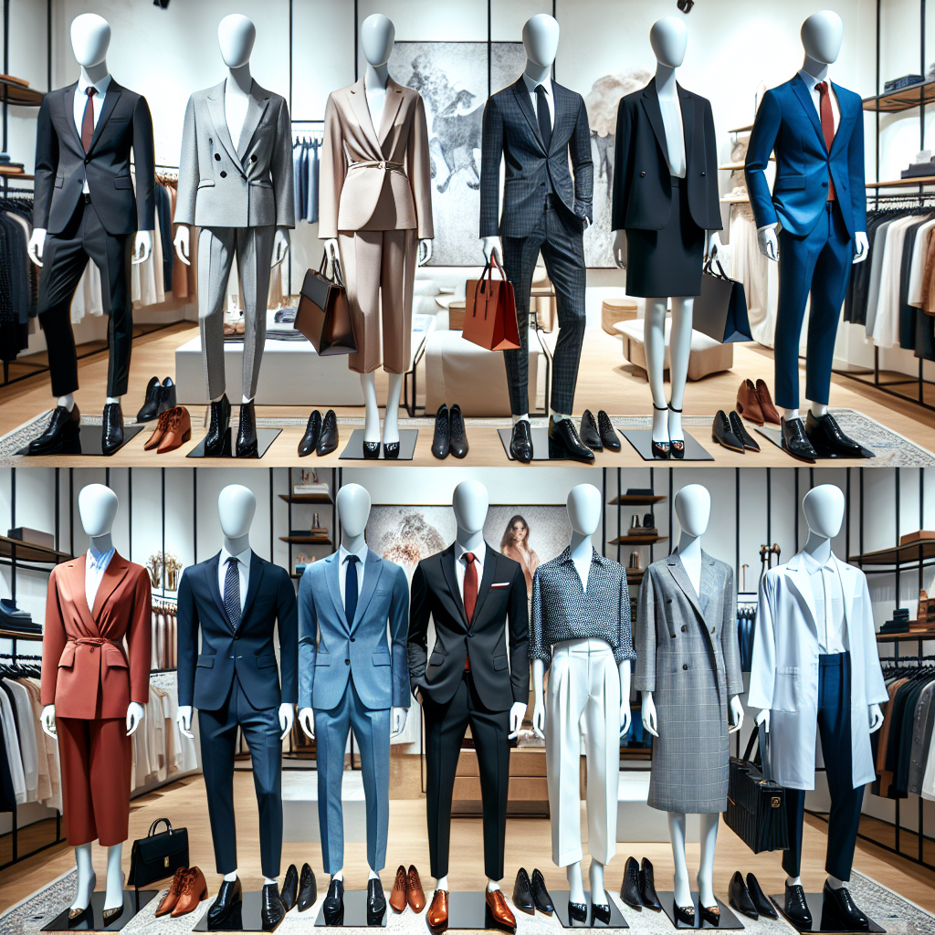 Create an image of a bustling modern boutique with polished mannequins in various stylish job interview outfits. The outfits range from a sleek suit for a white corporate businesswoman to a casual-chic ensemble for an Asian man in tech. Also include a sophisticated dress suit for a black lawyer and a crisp medical lab coat for a Hispanic male doctor. Each outfit competently represents the industries they are meant for, catering to the formality and style of each profession. The scene is filled with various accessories and shoes to complement each outfit, reinforcing the aura of sophistication and professionalism.