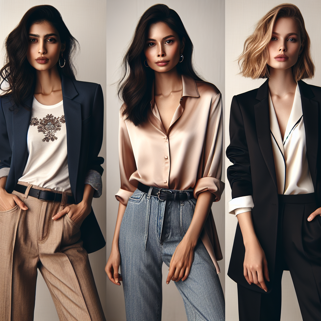 Stunning Looks: Effortless Style Over a Blazer for Women Capture an elegant display of three different ways women can style a blazer with effortless ease. The first image portrays a South Asian woman in a casual-style blazer paired with a trendy T-shirt and slim jeans. The second image showcases a Hispanic woman with a chic silk blouse tucked into a pair of dress pants, all tied together with a smart blazer. The final image represents a Caucasian woman who sports a formal blazer over a tailored jumpsuit. All of them demonstrate individuality and confidence in their unique styles.