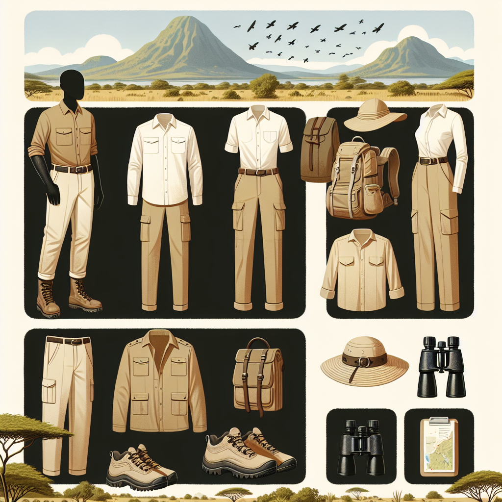 Create a visual guide for safari style clothing against a Kenyan landscape backdrop. Include khaki trousers worn by a Black male and a sun hat donned by a Hispanic female, paired with neutral-toned, breathable shirts. These outfits should be accessorized with durable hiking boots, insect repellent wristbands, and waterproof binoculars. The landscape should be teeming with signature Kenyan flora and fauna with a picturesque mountain range in the background. All elements should work together to depict a stylish yet functional wardrobe perfect for adventurous explorations in Kenya.