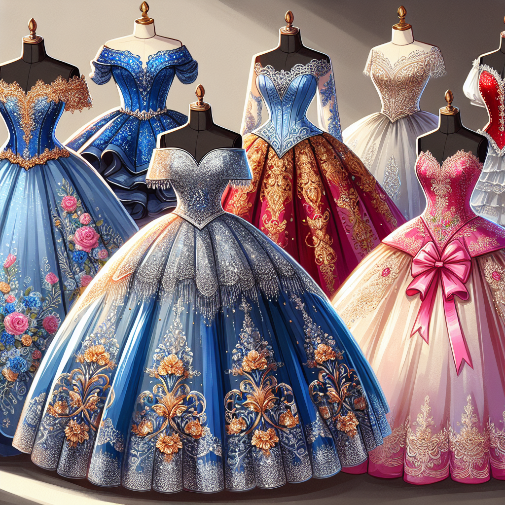 Imagine and depict an array of beautiful and vibrant Quincea&ntilde;era outfits. These traditional dresses are of utmost significance for Hispanic families, representing the transition from girlhood to womanhood. The dresses should vary in style, all highlighting elegance and glamour. The first dress is a stunning royal blue gown adorned with intricate silver sequins and a voluminous skirt. The second one is a ruby red dress elegantly styled with gold floral patterns, having a majestic train. The final dress should portray a softer side, being a delicate pastel pink with lace embellishments and satin ribbons. Each dress should be showcased on a dress mannequin for optimal display.